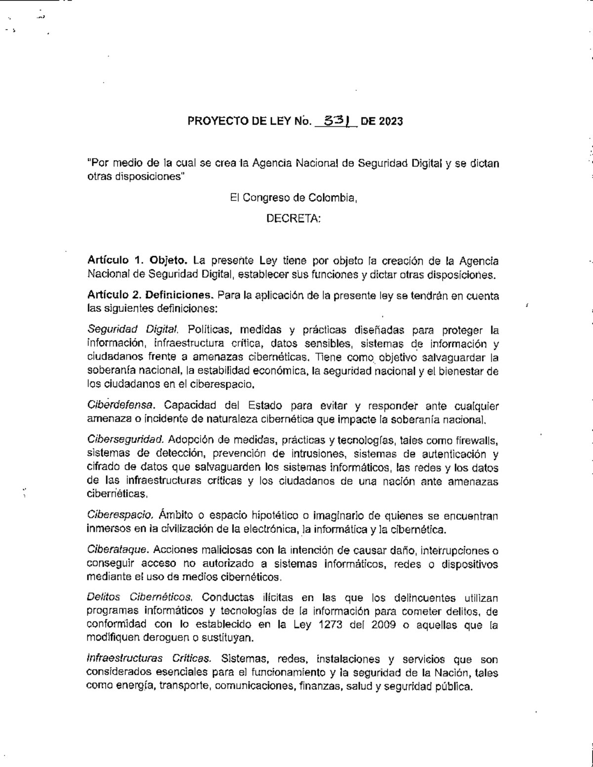 Proyecto de Ley No. 331 de 2023: Creación de la Agencia Nacional de Seguridad - Document Preview