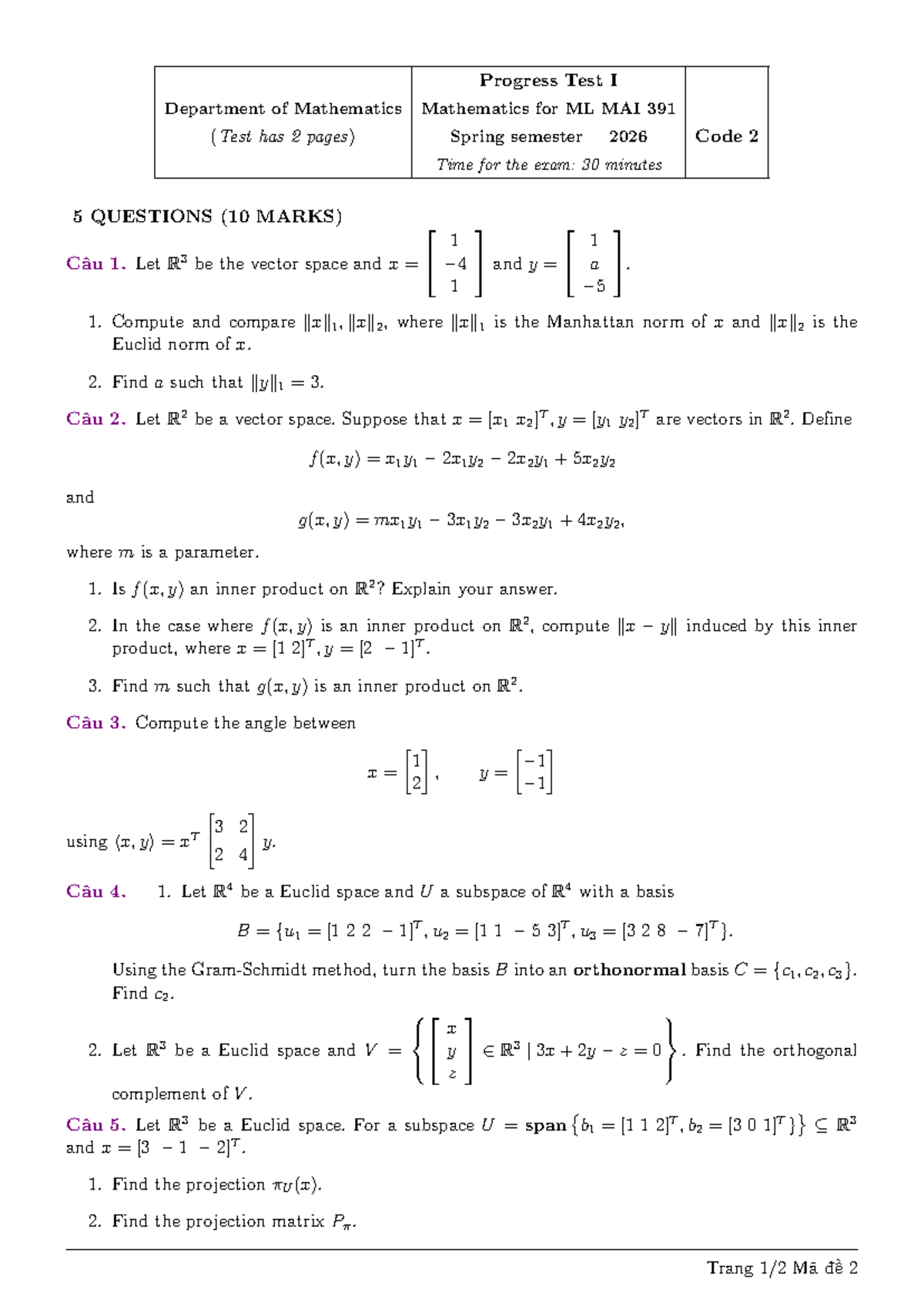 MAI 391 Progress Test I - Mathematics for ML Spring 2026 - Studocu