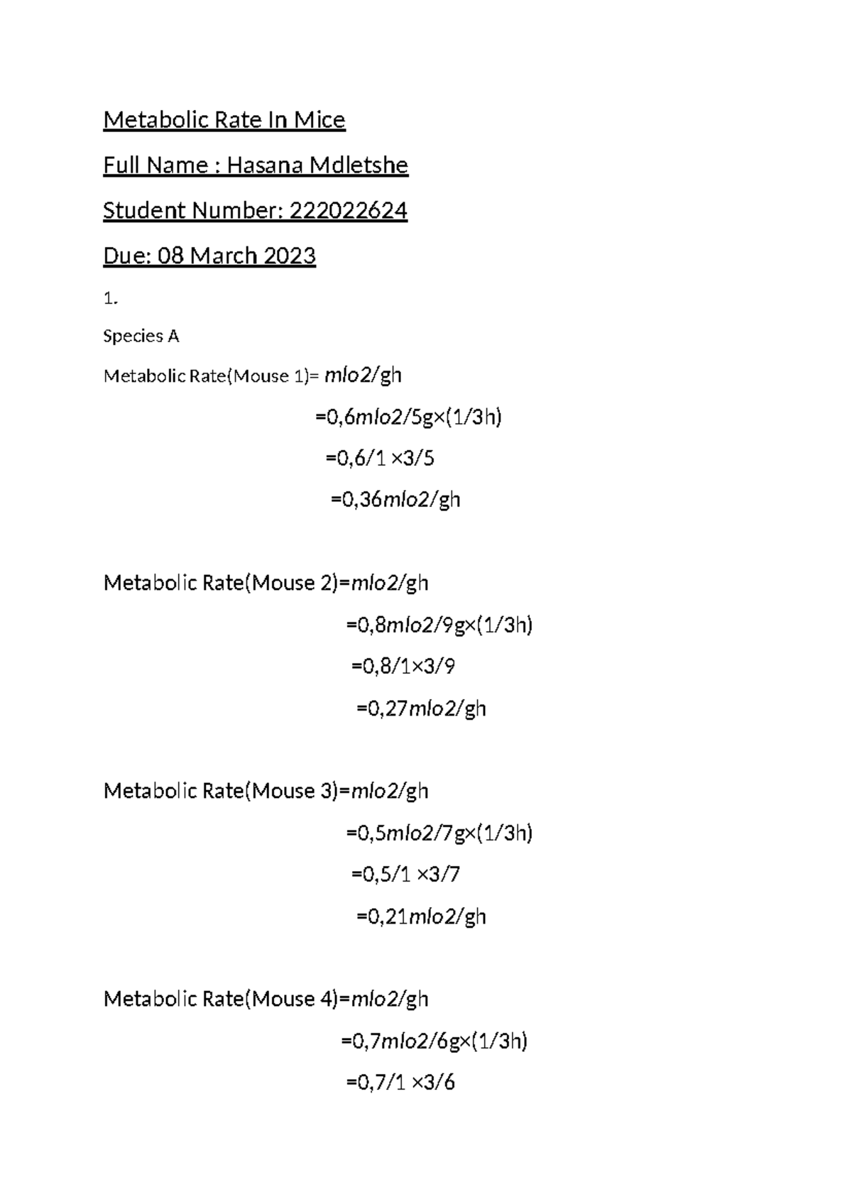 BIOL 204 Practical Report 2: Metabolic Rate Analysis in Mice - Studocu