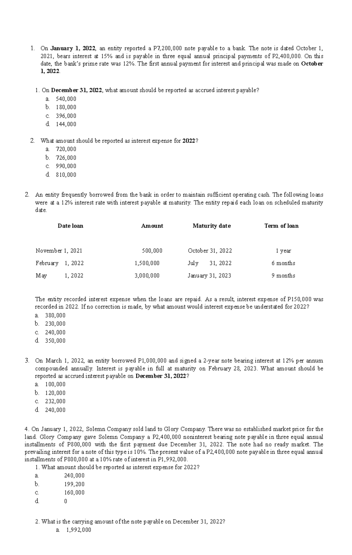 Practice Questions on Note Payables and Interest Expenses (FIN 101 ...