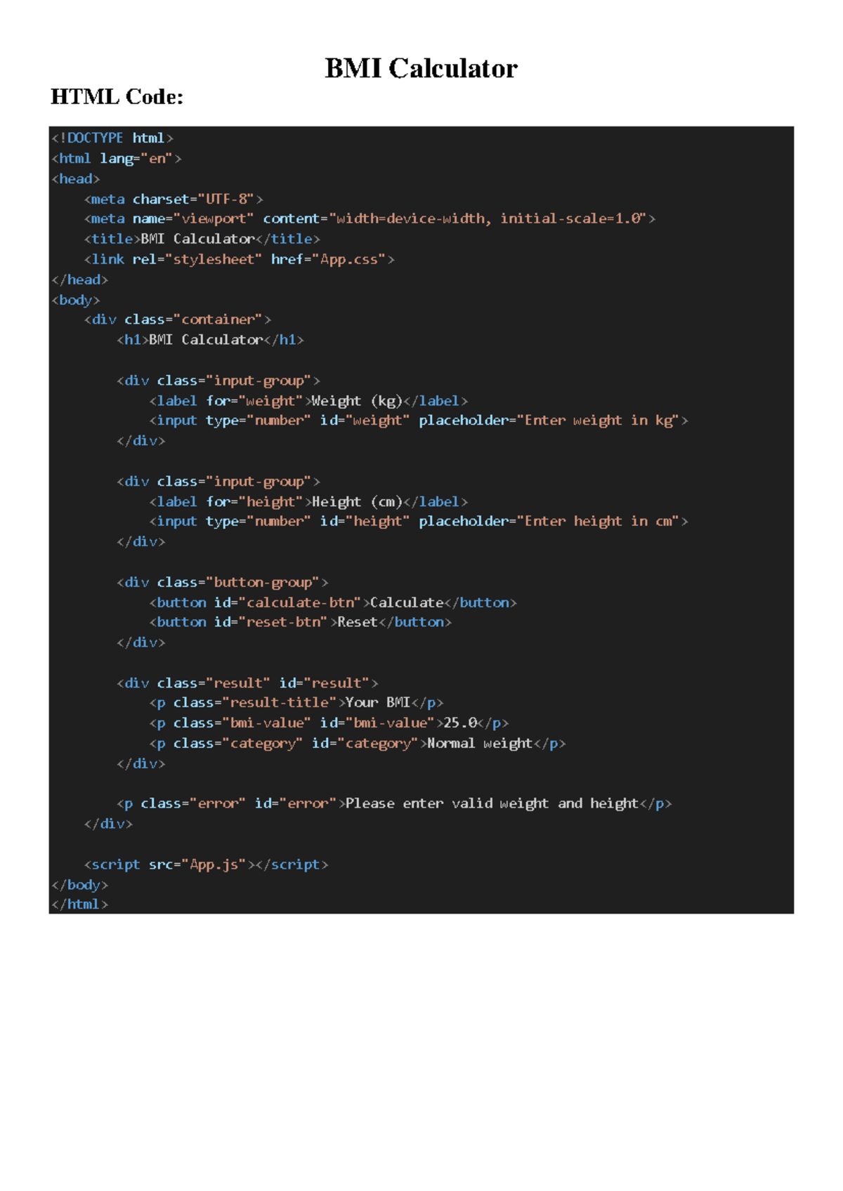 BMI Calculator HTML/CSS/JS Code: Create Your Own BMI Tool - Studocu