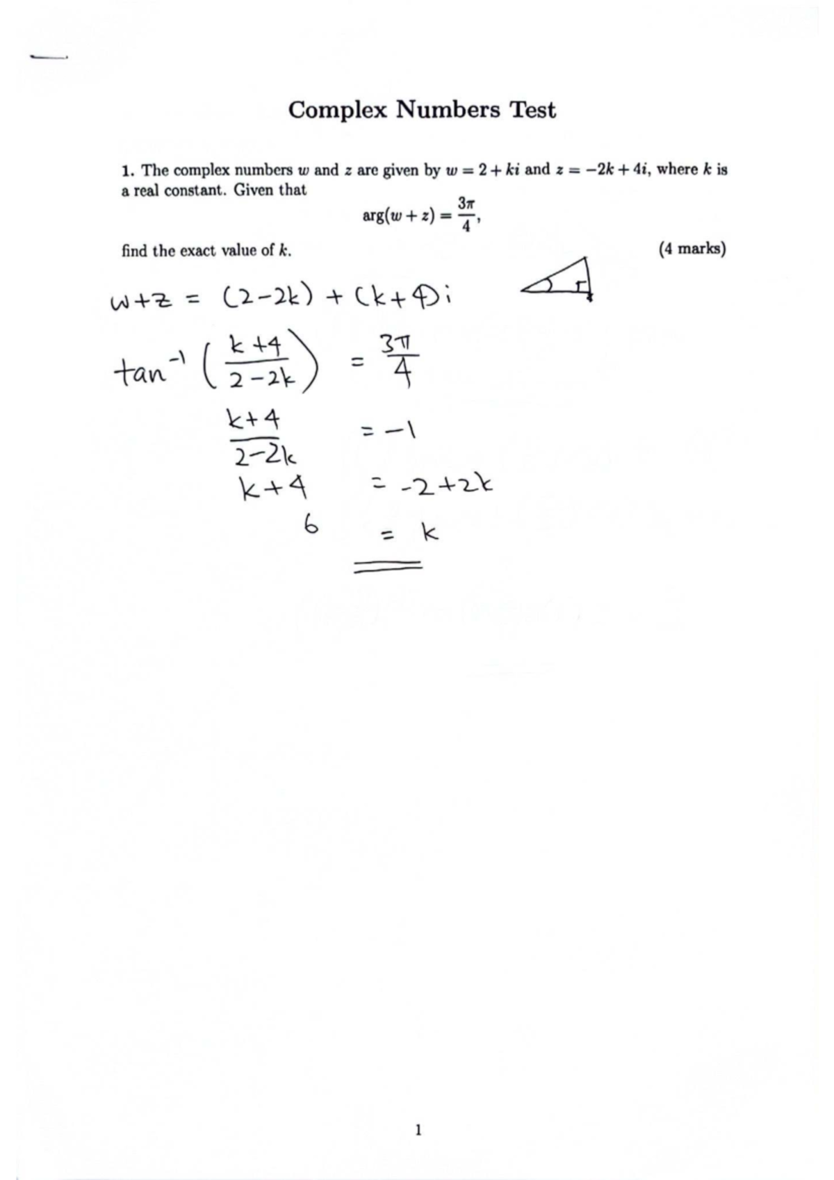 Complex numbers test 1: Finding the value of k and Argand diagrams ...