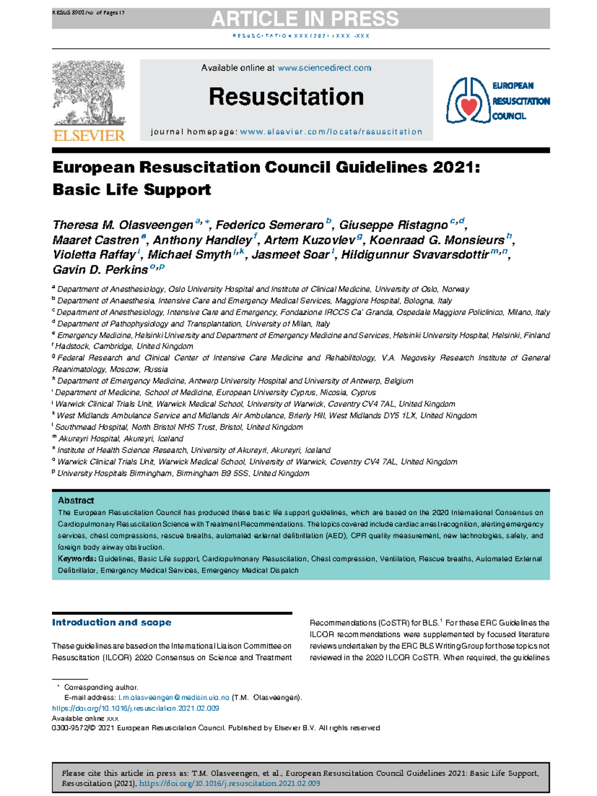 ERC RESUS 8902: 2021 European Resuscitation Council BLS Guidelines ...