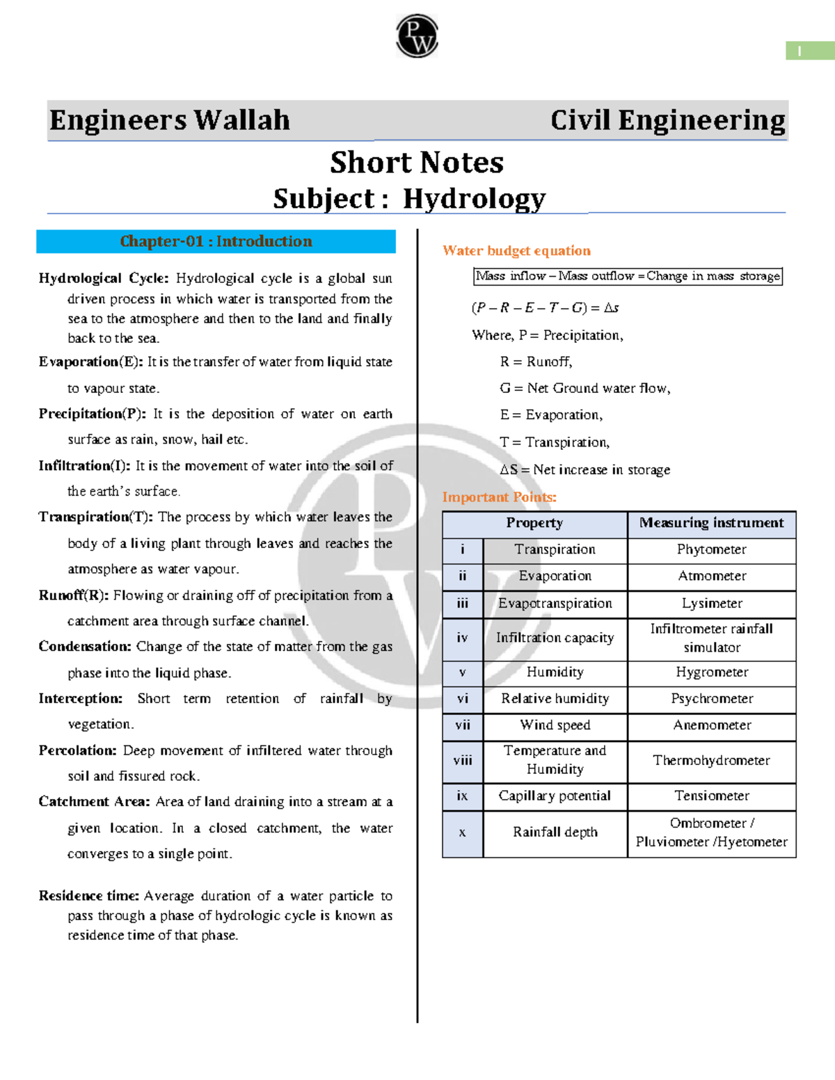 Civil Engineering (P R E T G) Hydrology Short Notes for Exam Prep - Studocu
