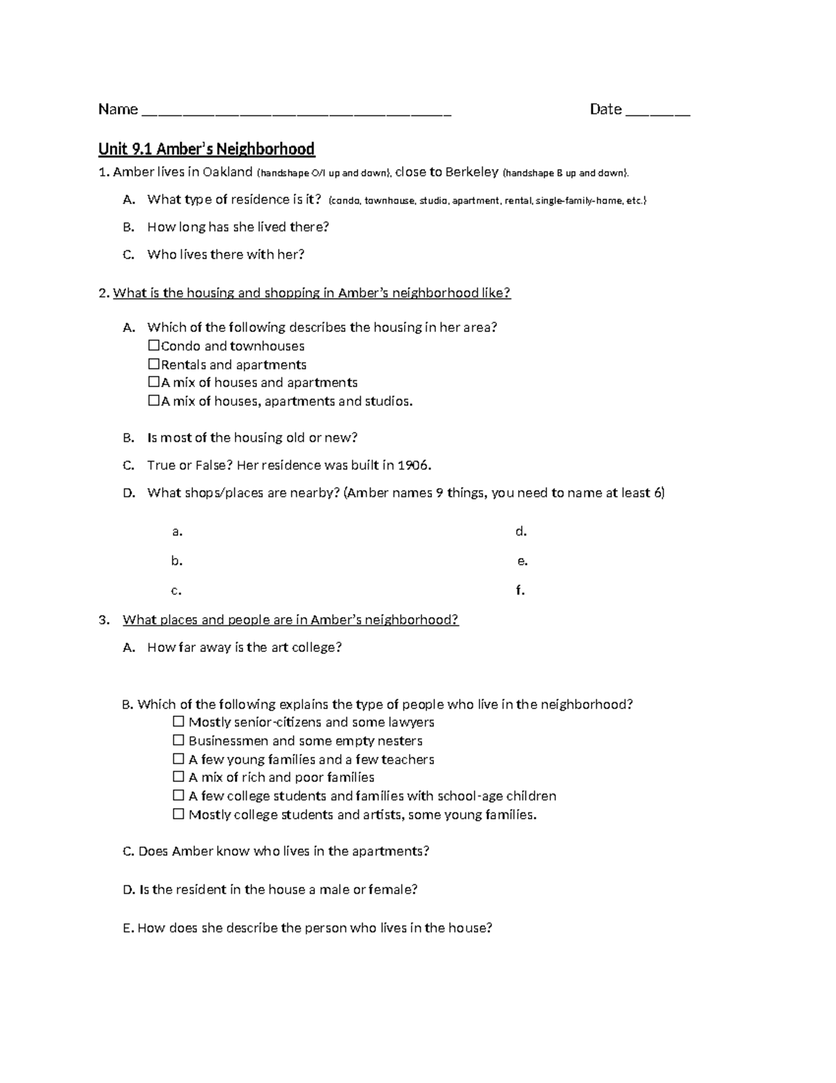Unit 9.1 Neighborhood Study: Amber's Living Situation and Community ...