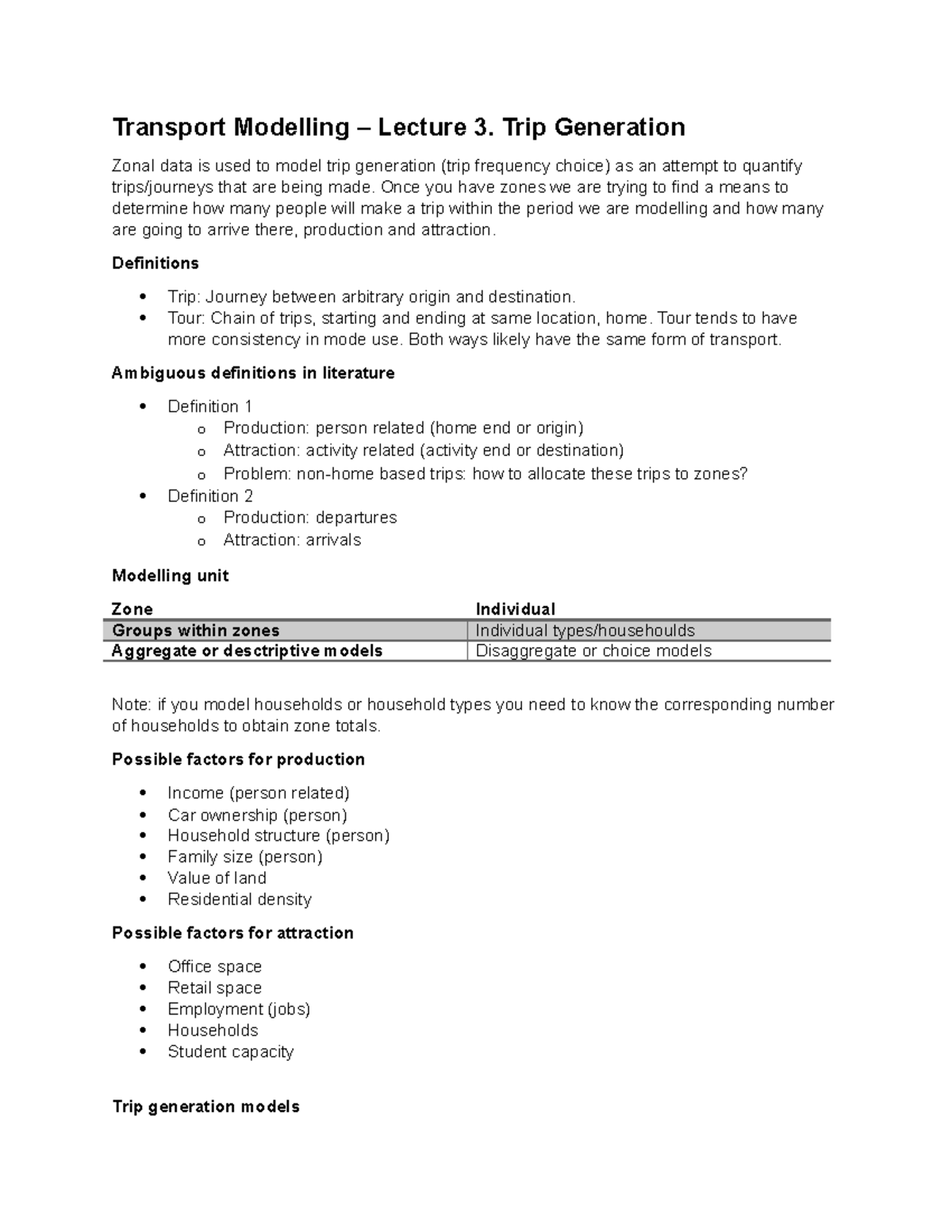 Lecture 03: Trip Generation Concepts and Models Notes - Studeersnel