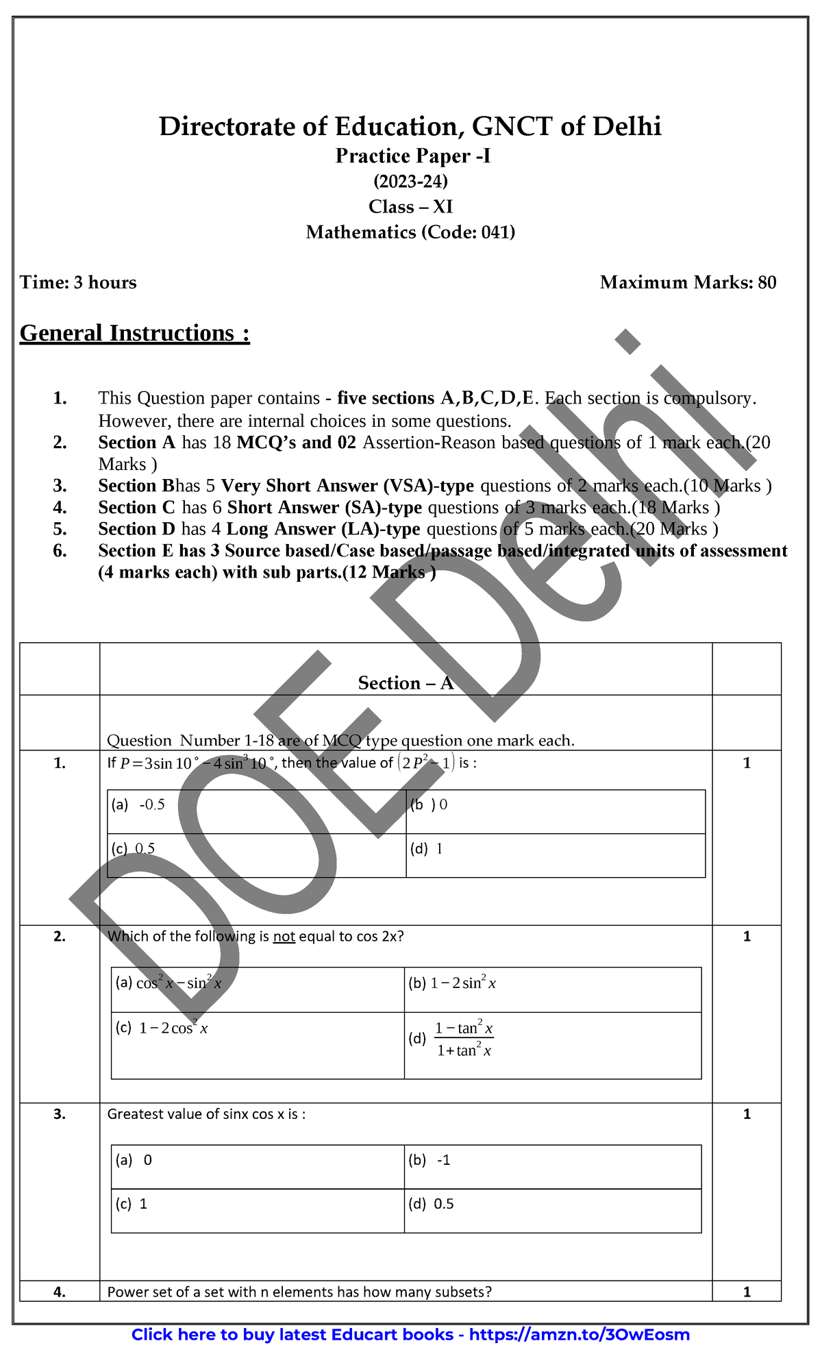 Class XI Mathematics Practice Paper (Code: 041) - 3 Hours, 80 Marks ...