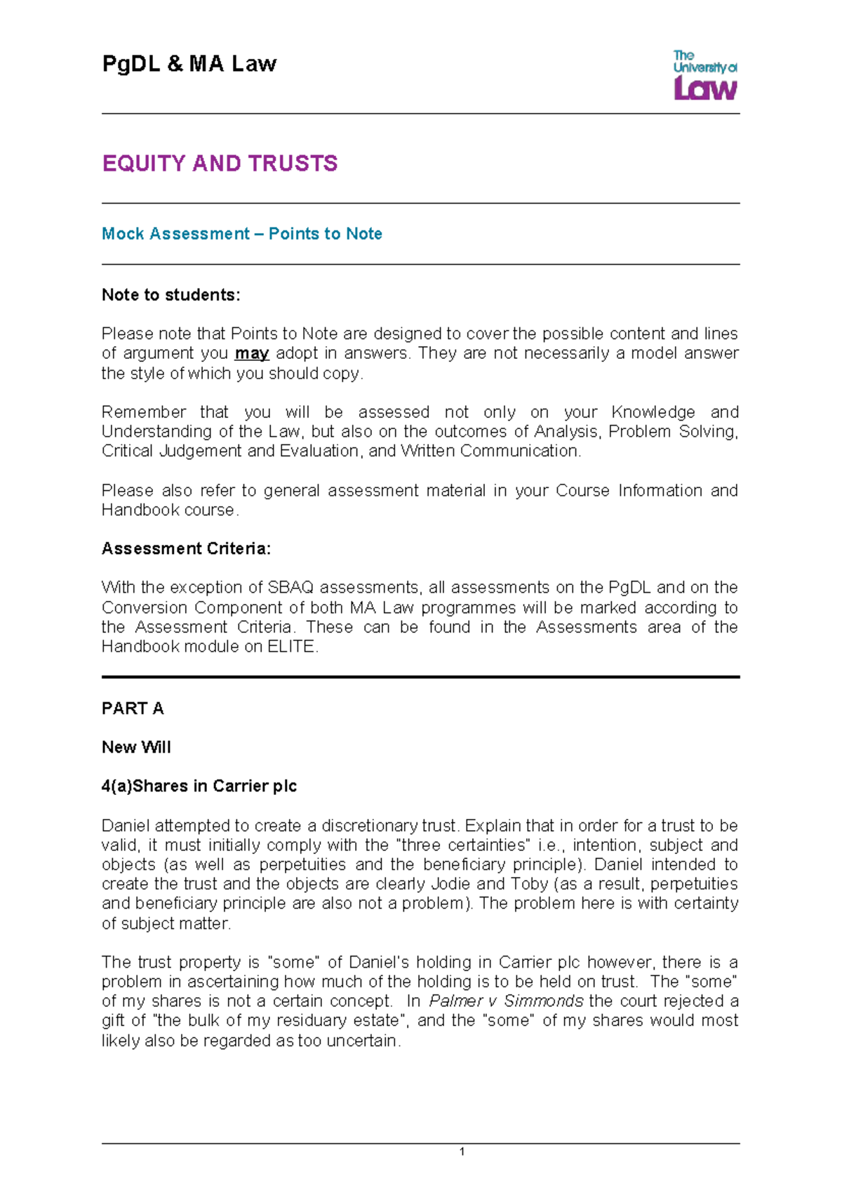PgDL MA Law EQUITY AND TRUSTS Mock Assessment Key Points - Studocu