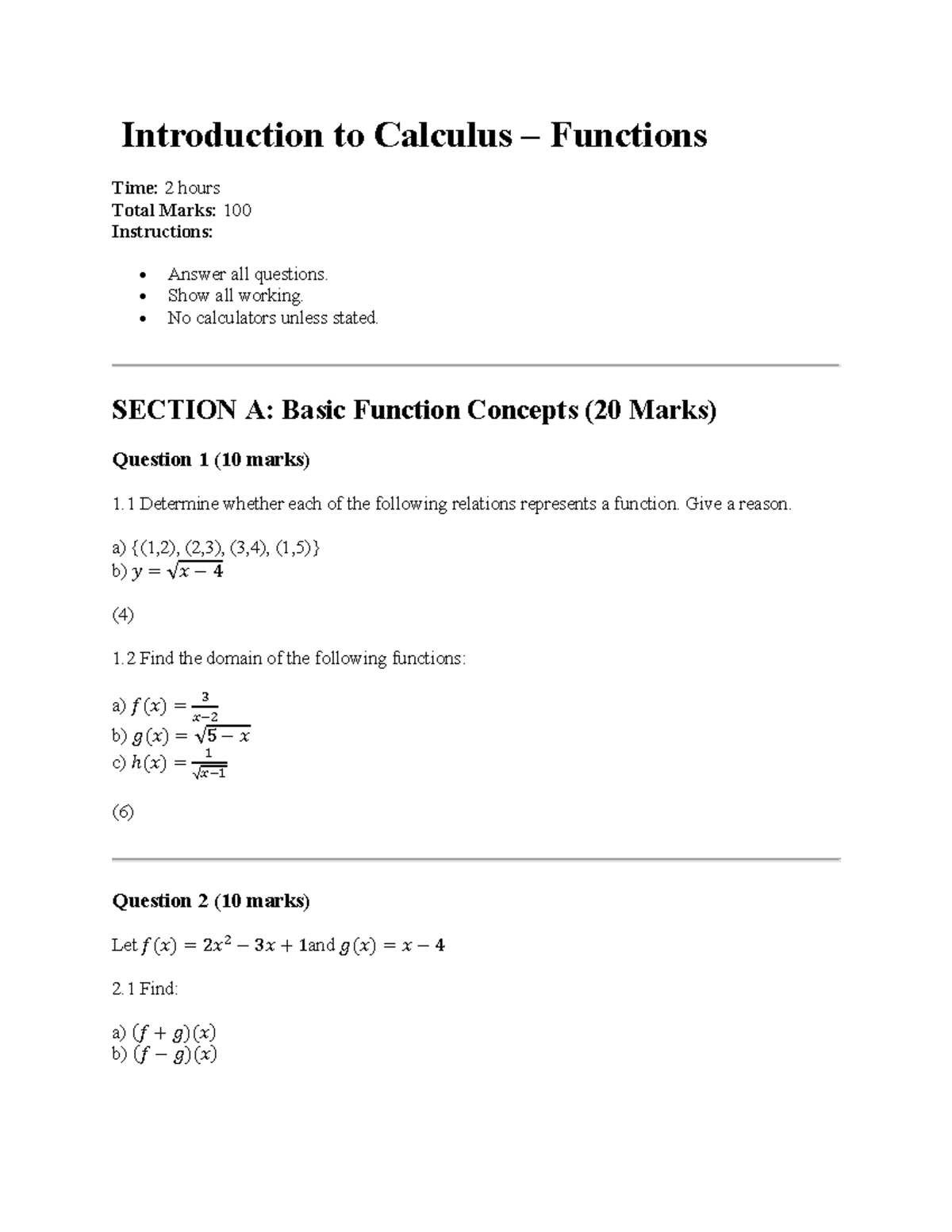 Introduction to Calculus Functions Test (Course Code: CALC101) - Studocu