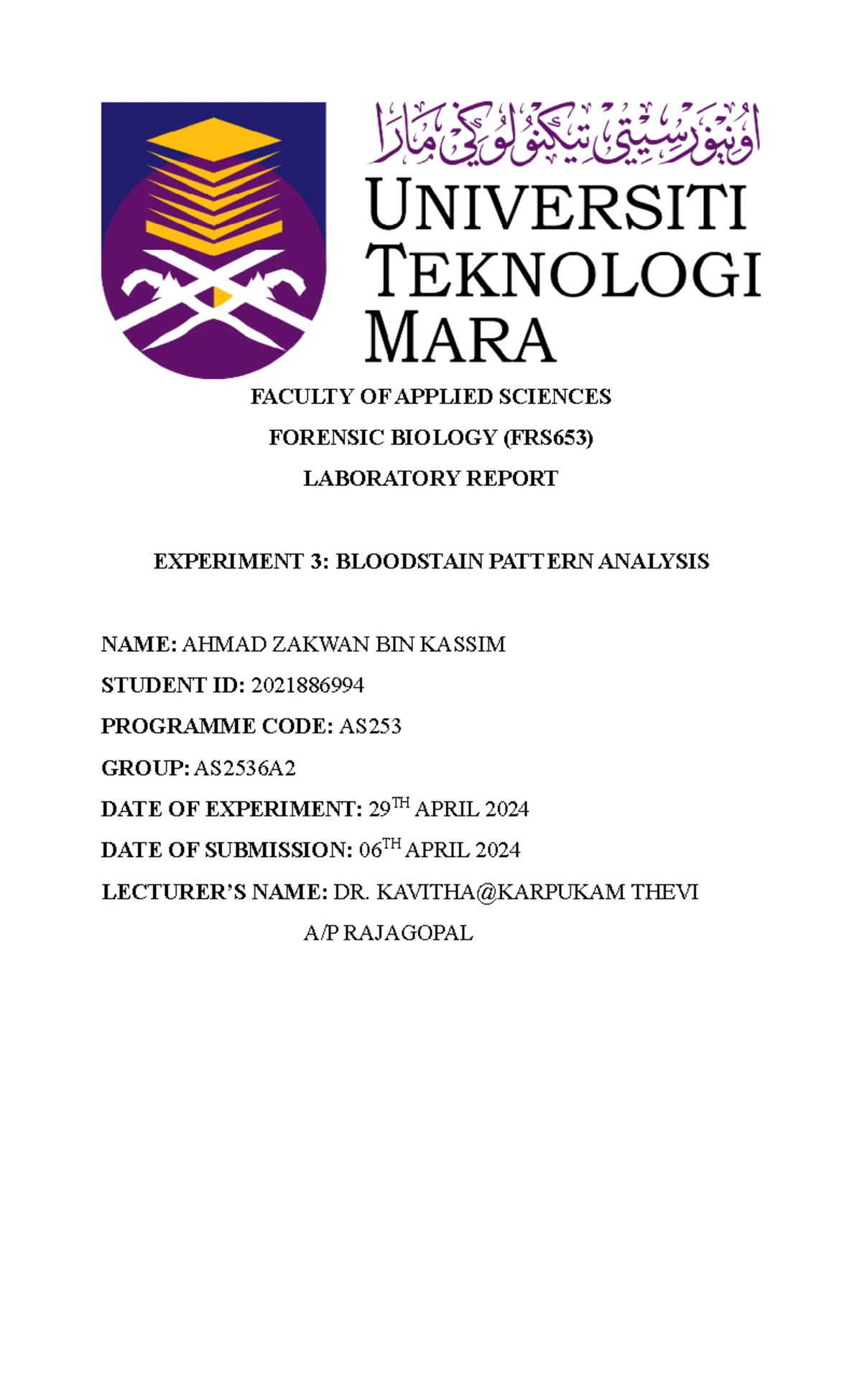 FRS 653 Final Lab Report: Blood Grouping Experiment 1 Analysis - Studocu