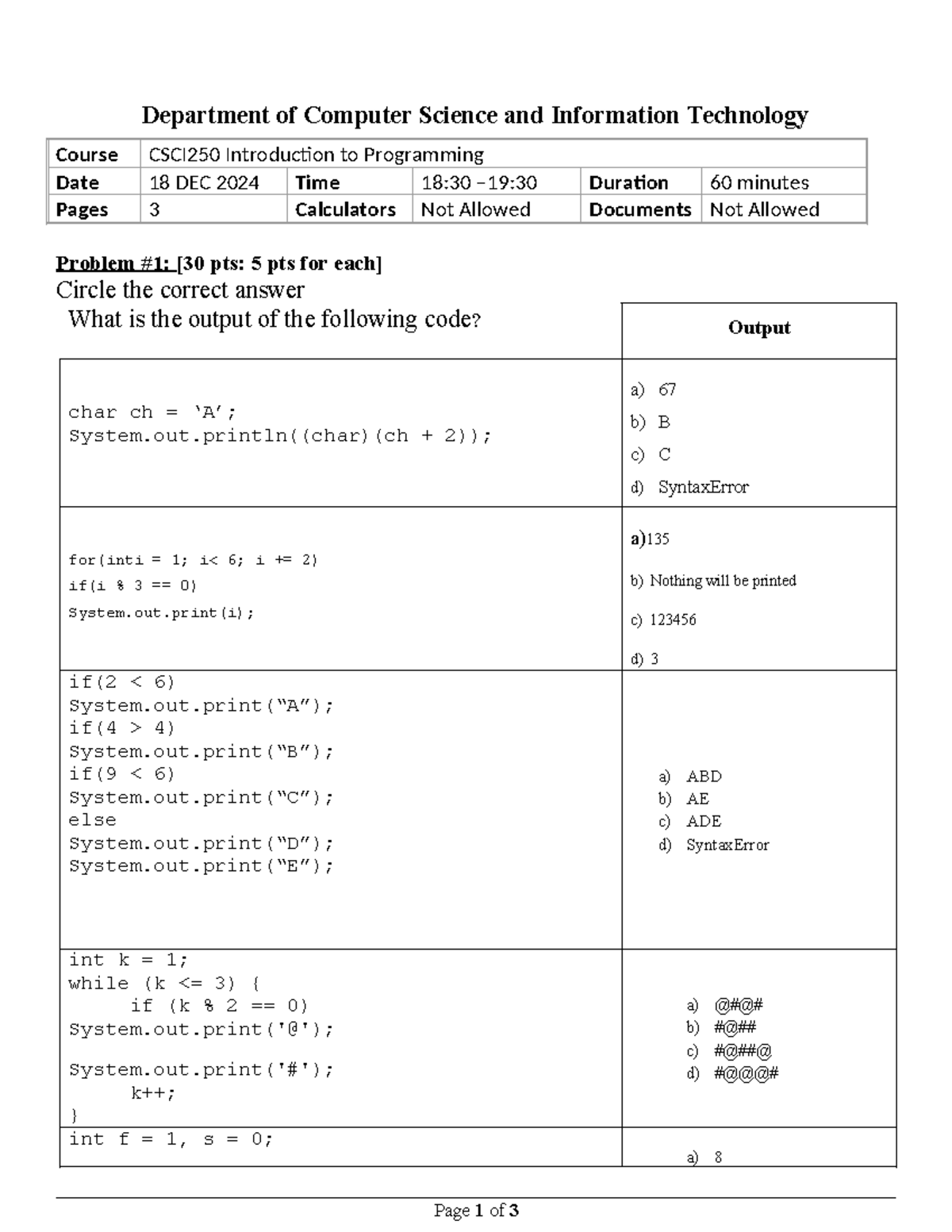 CSCI250-Midterm Exam-version 1 - Department of Computer Science and ...