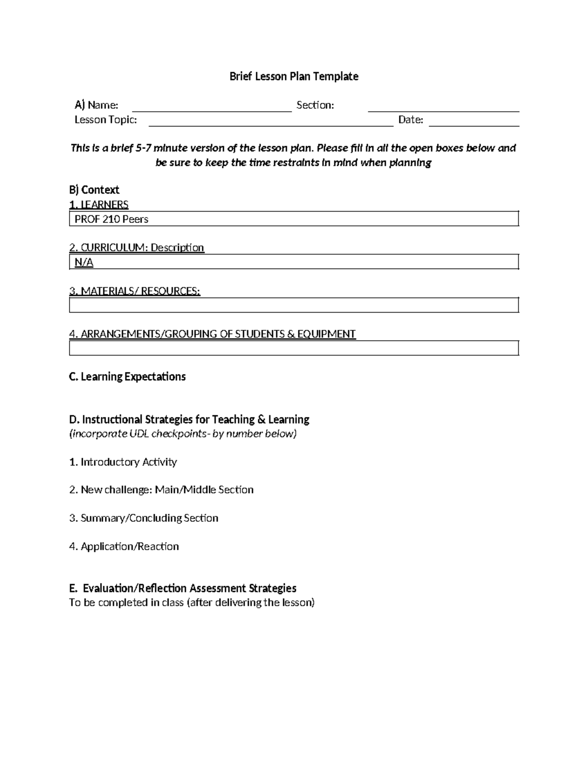 Brief Lesson Plan Template- in class activity - Brief Lesson Plan ...