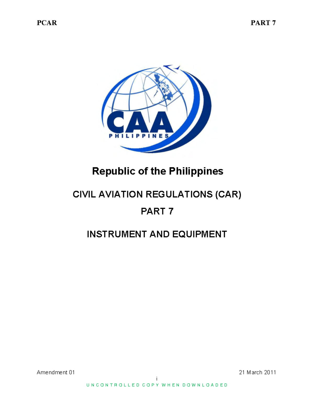 PCAR PART 7: Amendments to Instruments and Equipment Regulations - Studocu