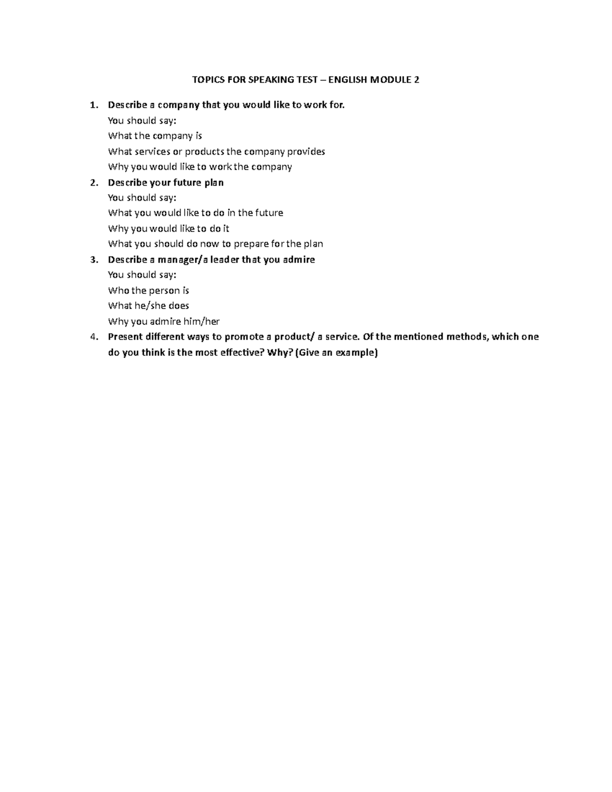 English Module 2 Speaking Test Topics and Guidelines - Studocu
