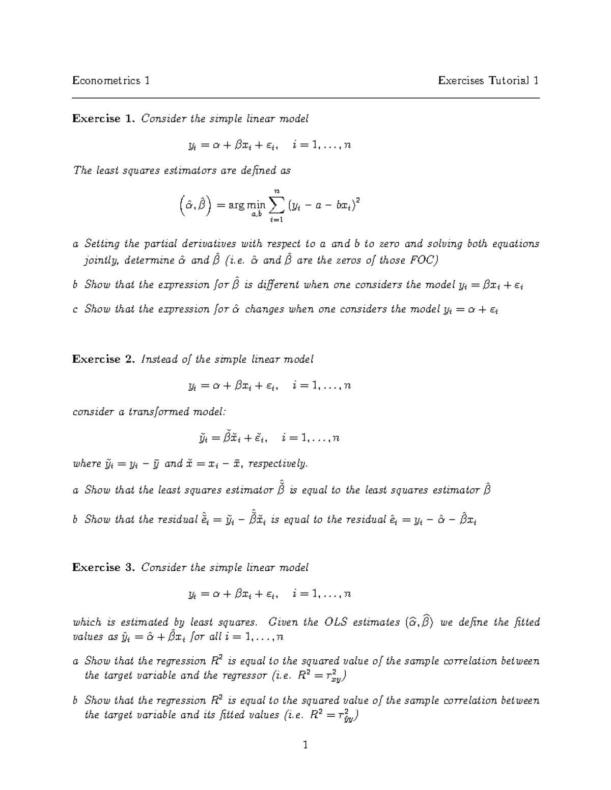 Econometrics 1 Tutorial 1 Exercise Solutions and Insights - Studeersnel