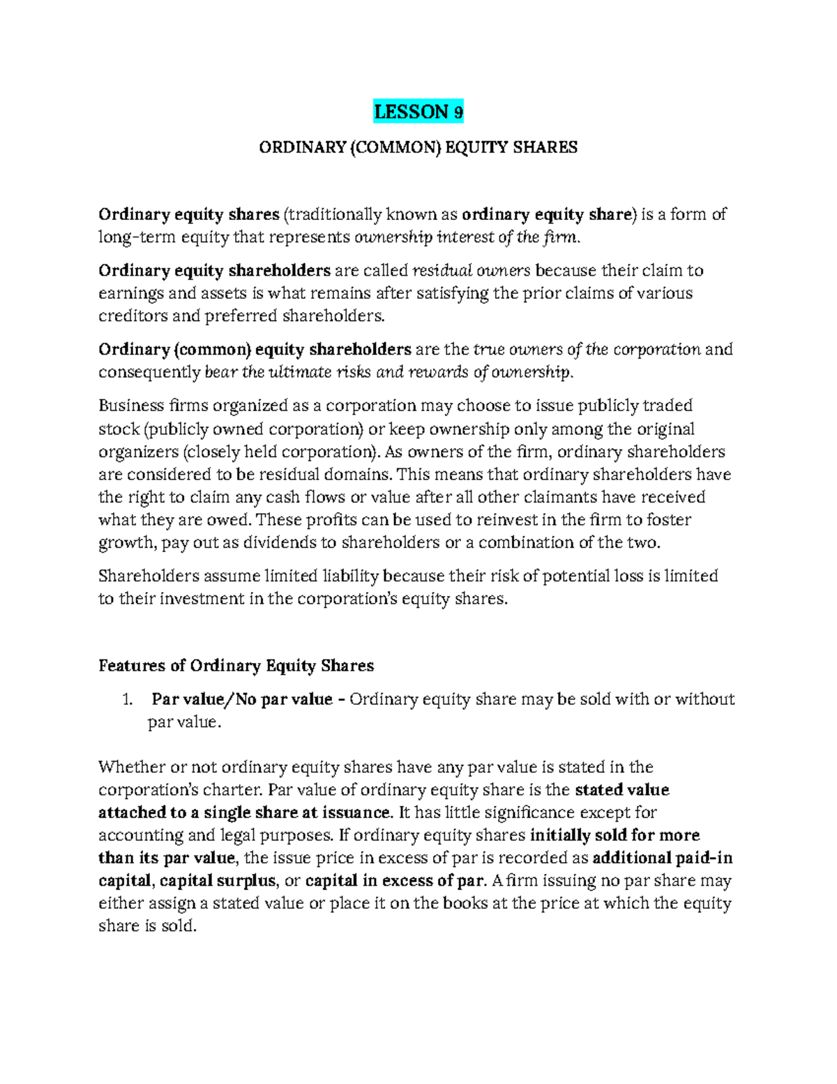 FIN 101: Lesson 9 - Understanding Ordinary (Common) Equity Shares - Studocu