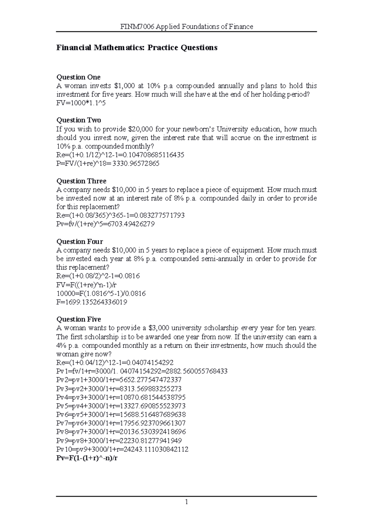 FINM7006 Financial Mathematics Practice Questions and Solutions - Studocu