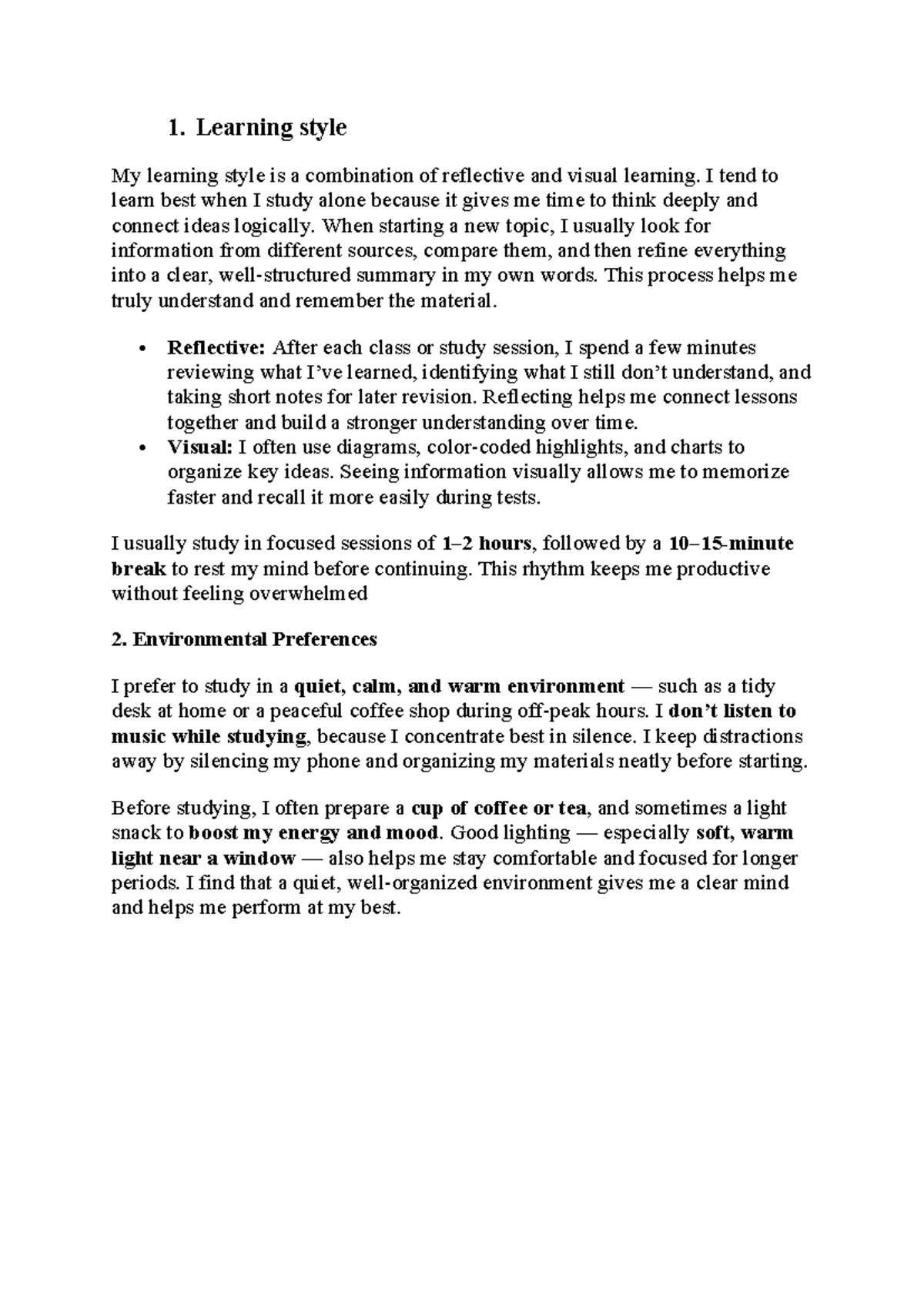 K2 - Essay Notes on Learning Styles and Environmental Preferences - Studocu
