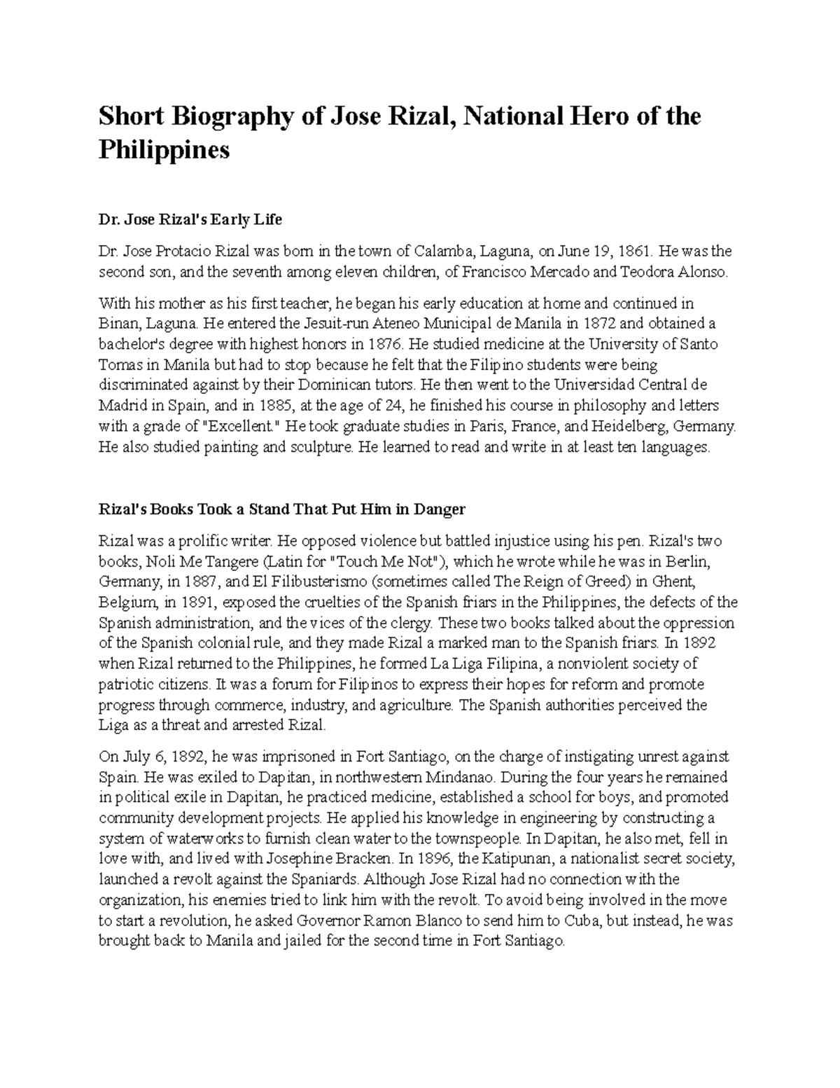 Short Biography of Jose Rizal - Jose Rizal's Early Life Dr. Jose ...