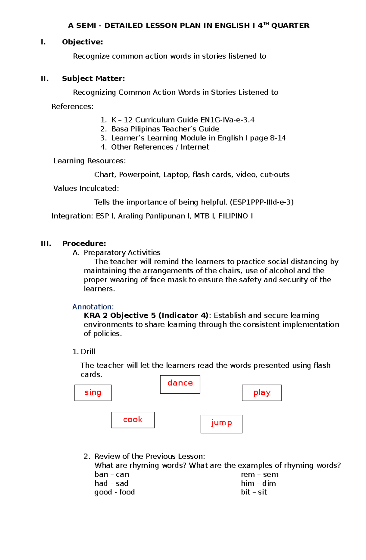 ENGLISH LESSON PLAN - A SEMI - DETAILED LESSON PLAN IN ENGLISH I 4TH ...