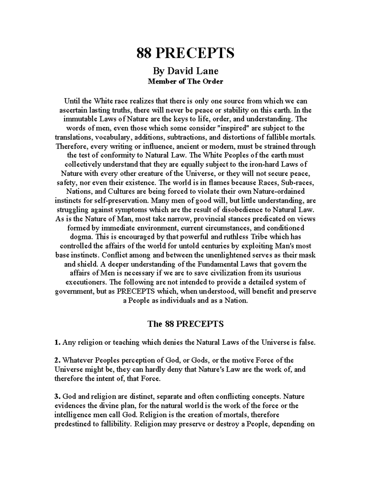 88 Precepts - research - 88 PRECEPTS By David Lane Member of The Order ...