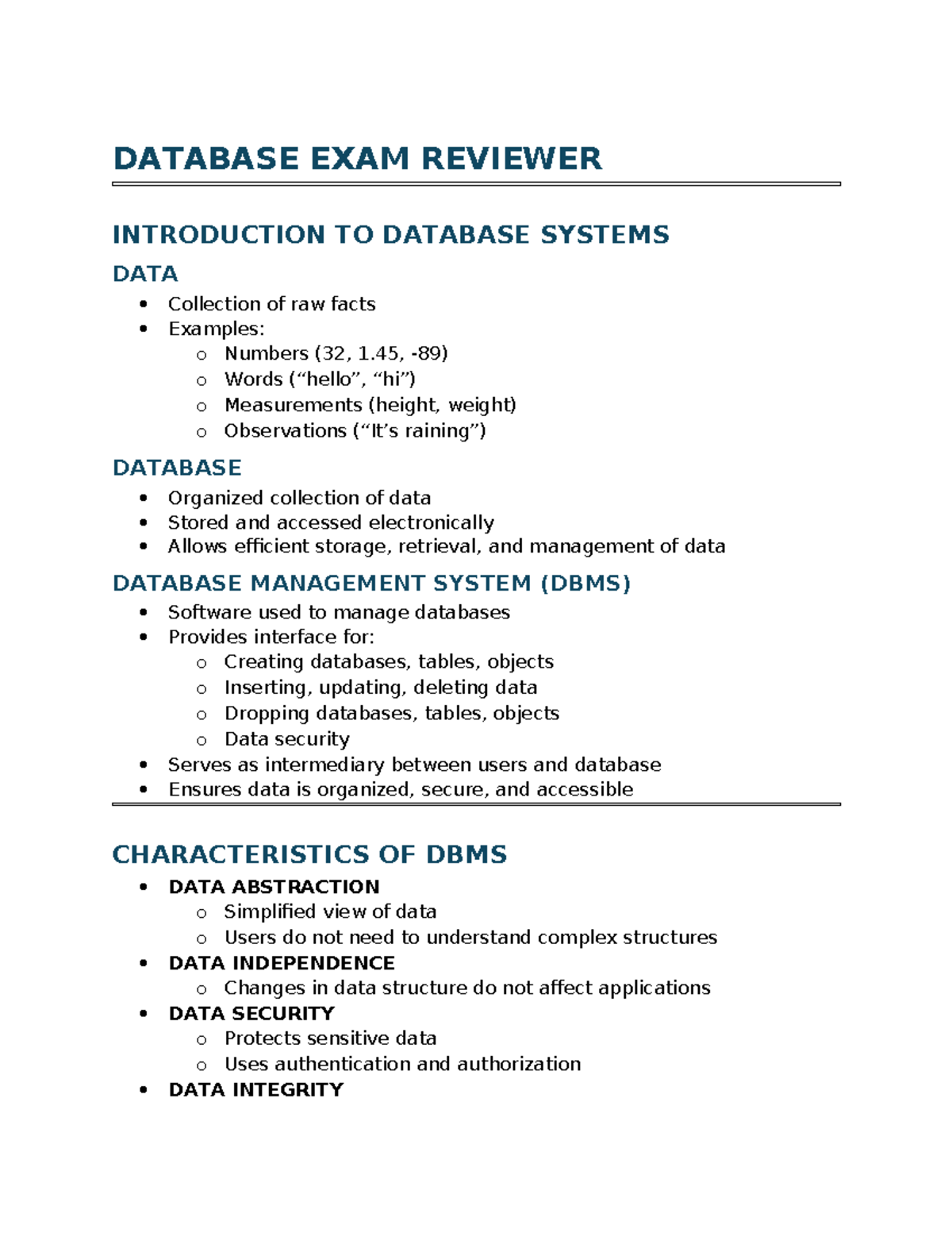DATABASE SYSTEMS EXAM REVIEWER: KEY CONCEPTS AND DBMS FUNCTIONS - Studocu