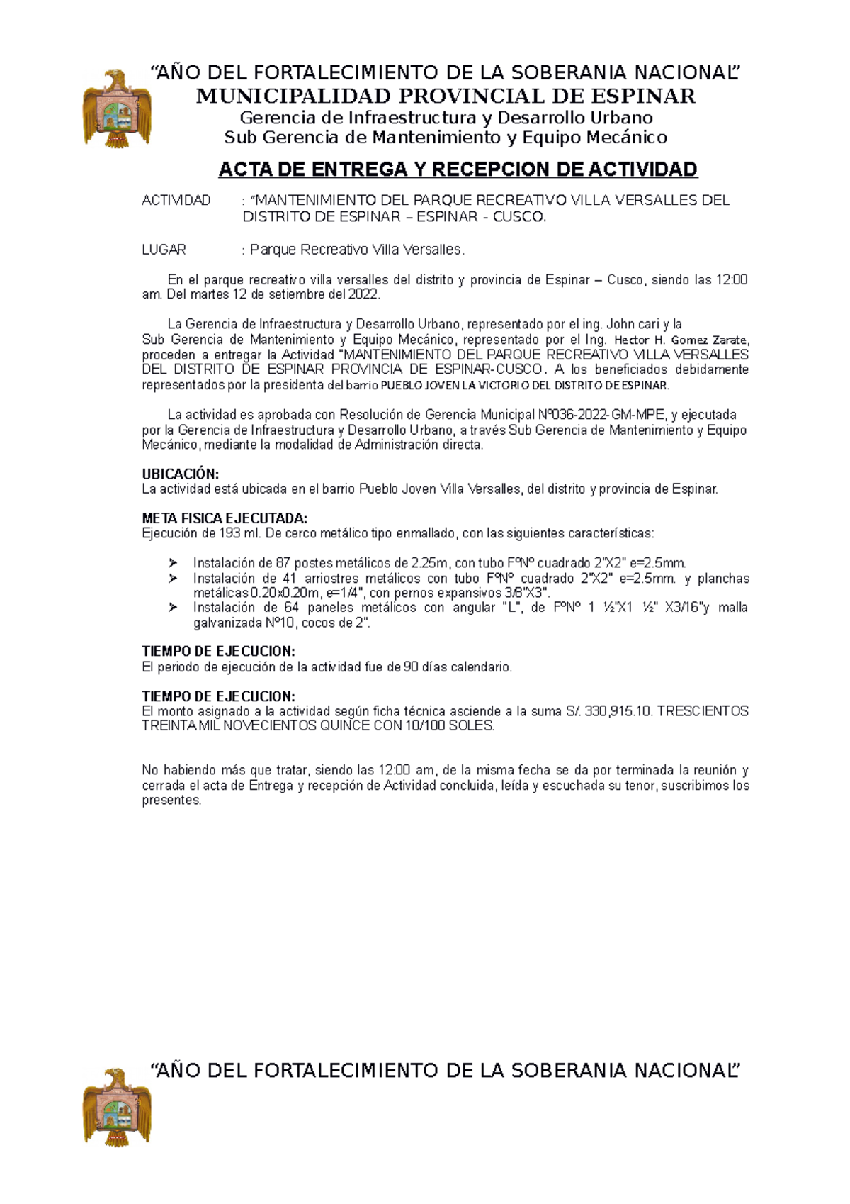 Acta de Entrega y Recepción de Obra - Mantenimiento Parque Recreativo - Document Preview