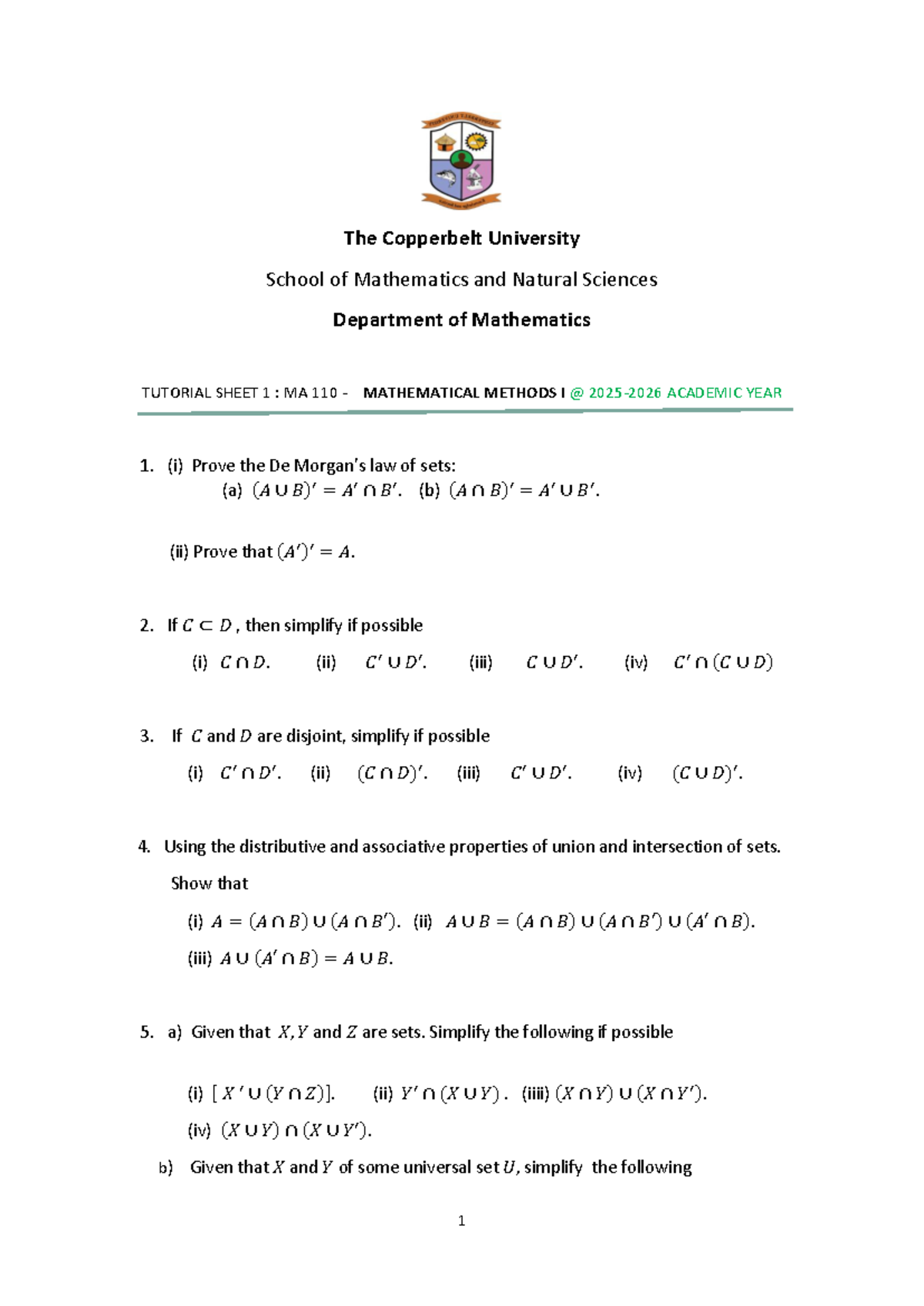 MA 110 Tutorial Sheet 1: Mathematical Methods I Exercises - Studocu