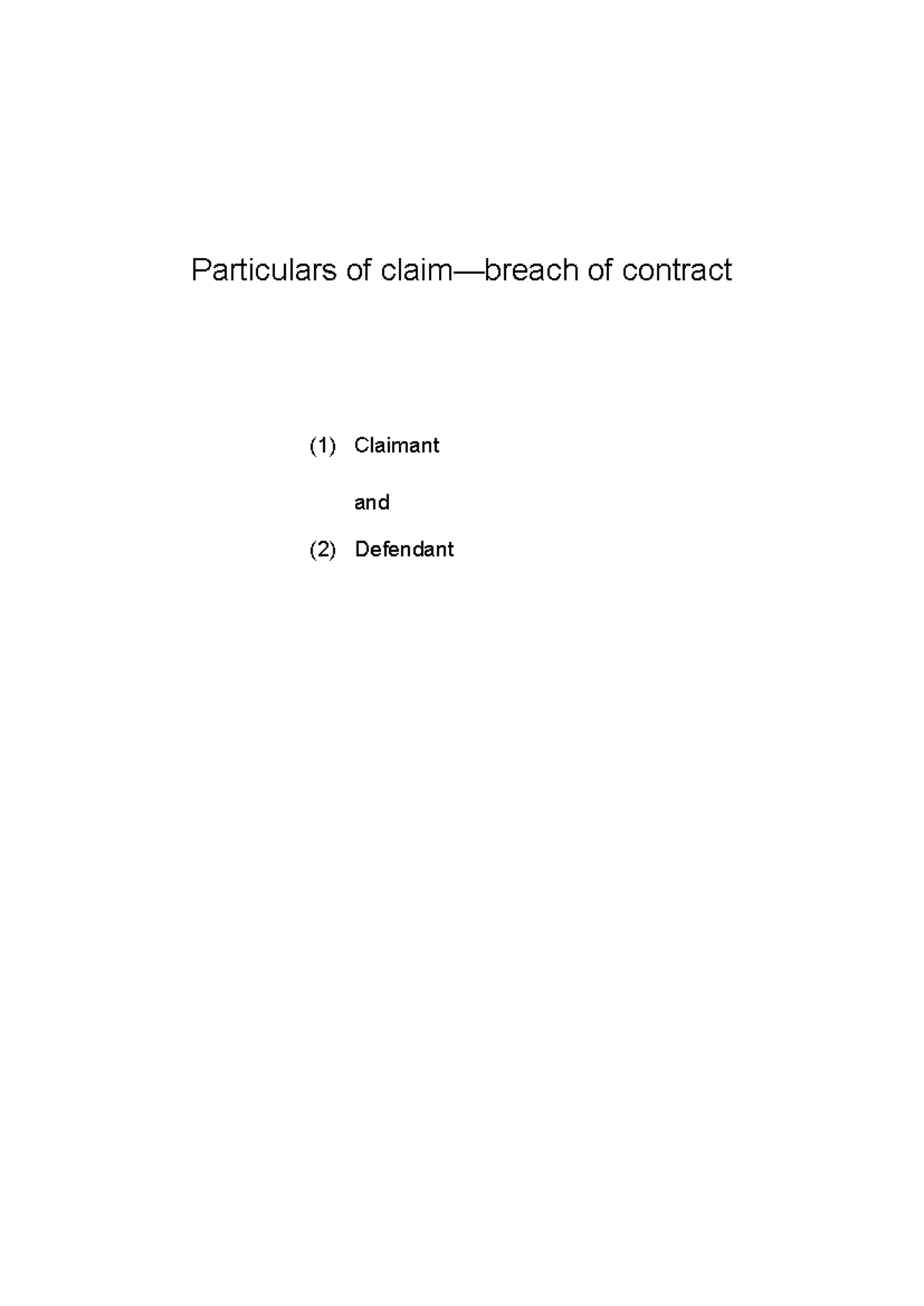 Particulars of Claim - Breach of Contract (Claim No. [Insert Number ...