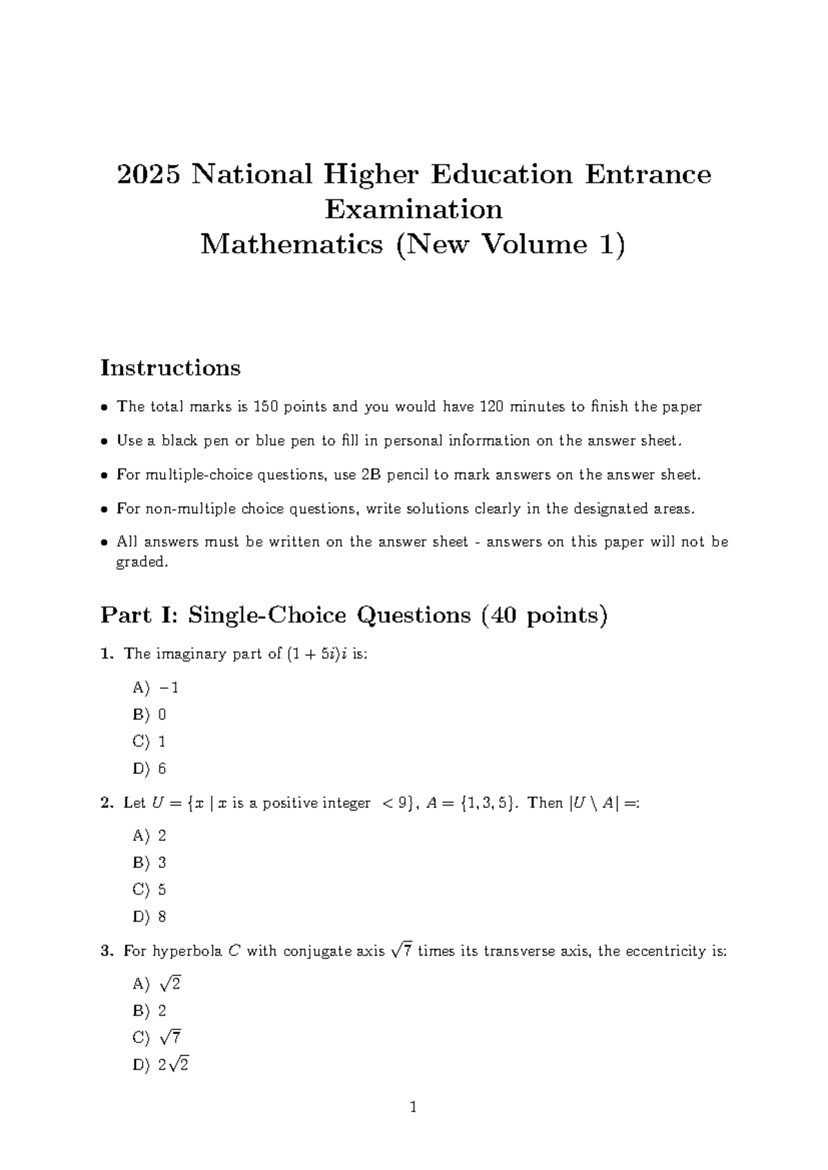2025 Gaokao Mathematics Exam (New Vol 1) Instructions & Questions - Studocu