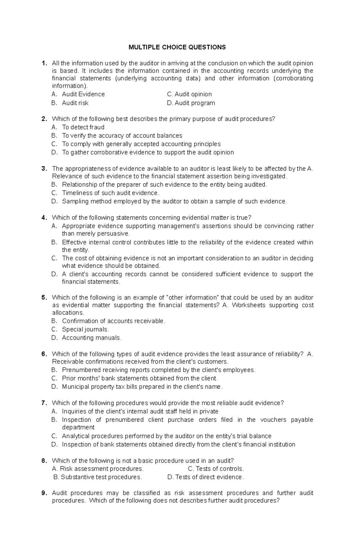 JLP AT-07 - Multiple Choice Questions on Audit Evidence and Procedures ...