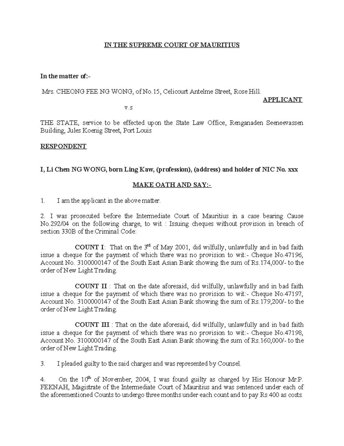Affidavit for Conditional Leave to Appeal to JCPC - Case Cheong Fee Ng ...