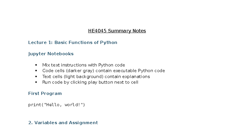 HE4045 Summary Notes: Python Basics and Collections Overview - Studocu