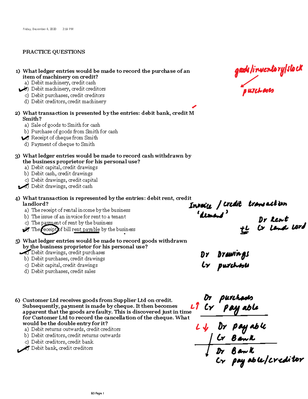 Practice Questions for DE (FA2) - Accounting Concepts and Entries - Studocu