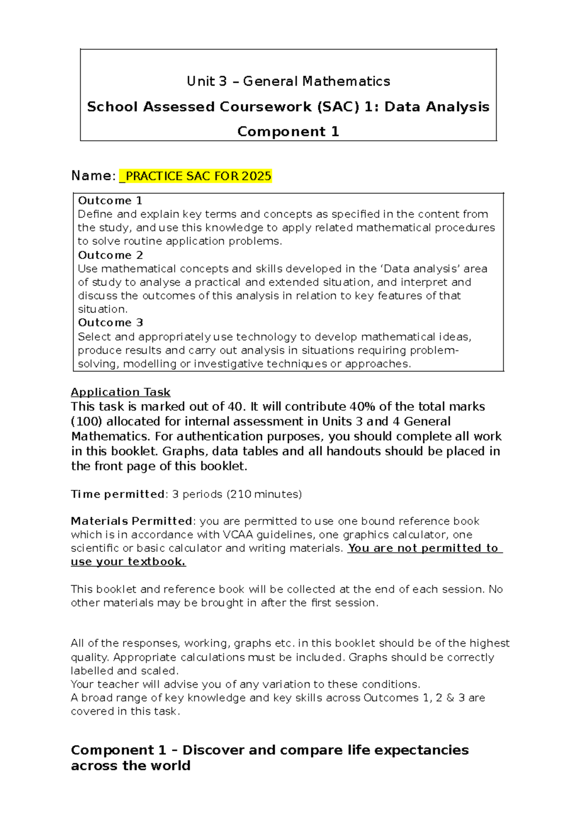Unit 3 General Mathematics SAC 1: Data Analysis Practice for 2024 - Studocu