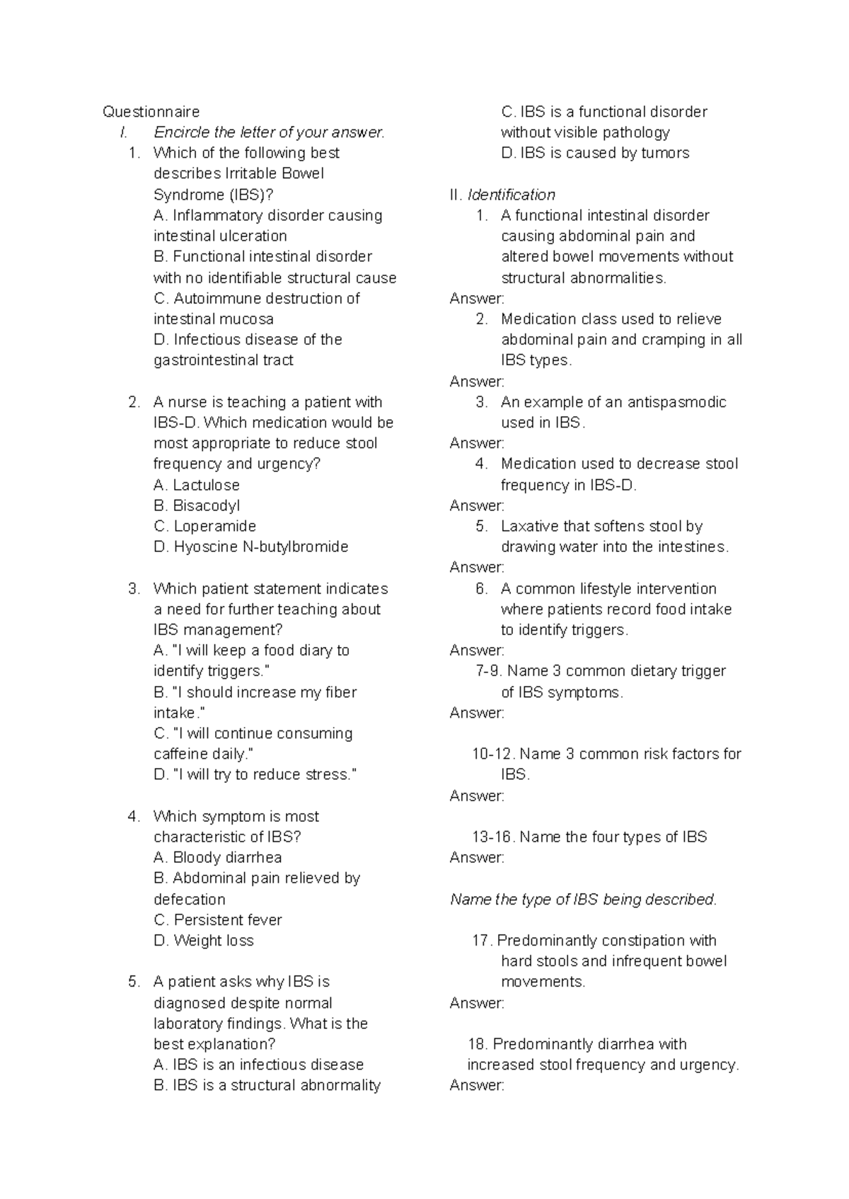 IBS Quiz - Med-Surg Nursing (NUR 101) - Studocu