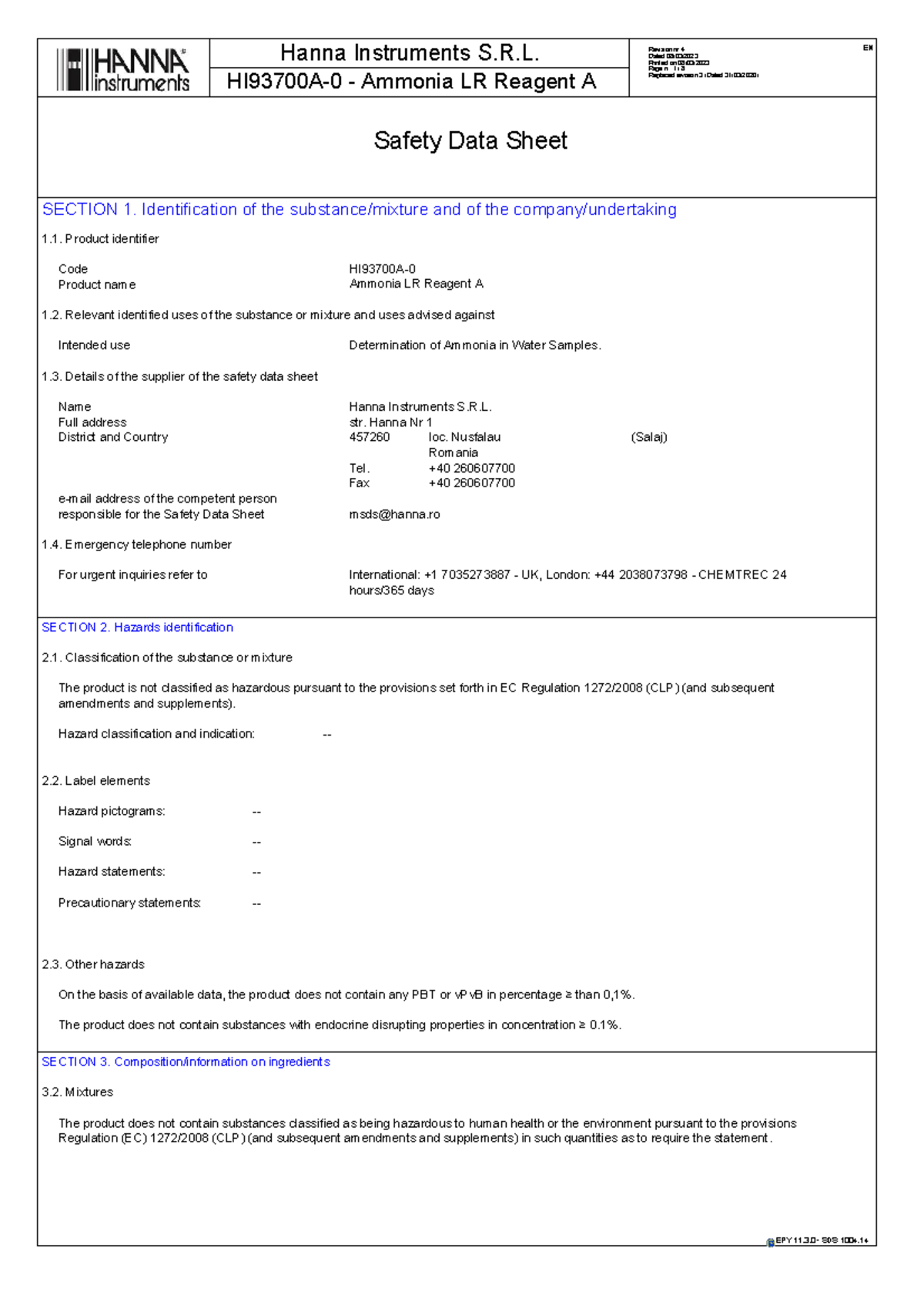 Hanna Instruments S.R.L. Ammonia LR Reagent A Safety Data Sheet (SDS ...