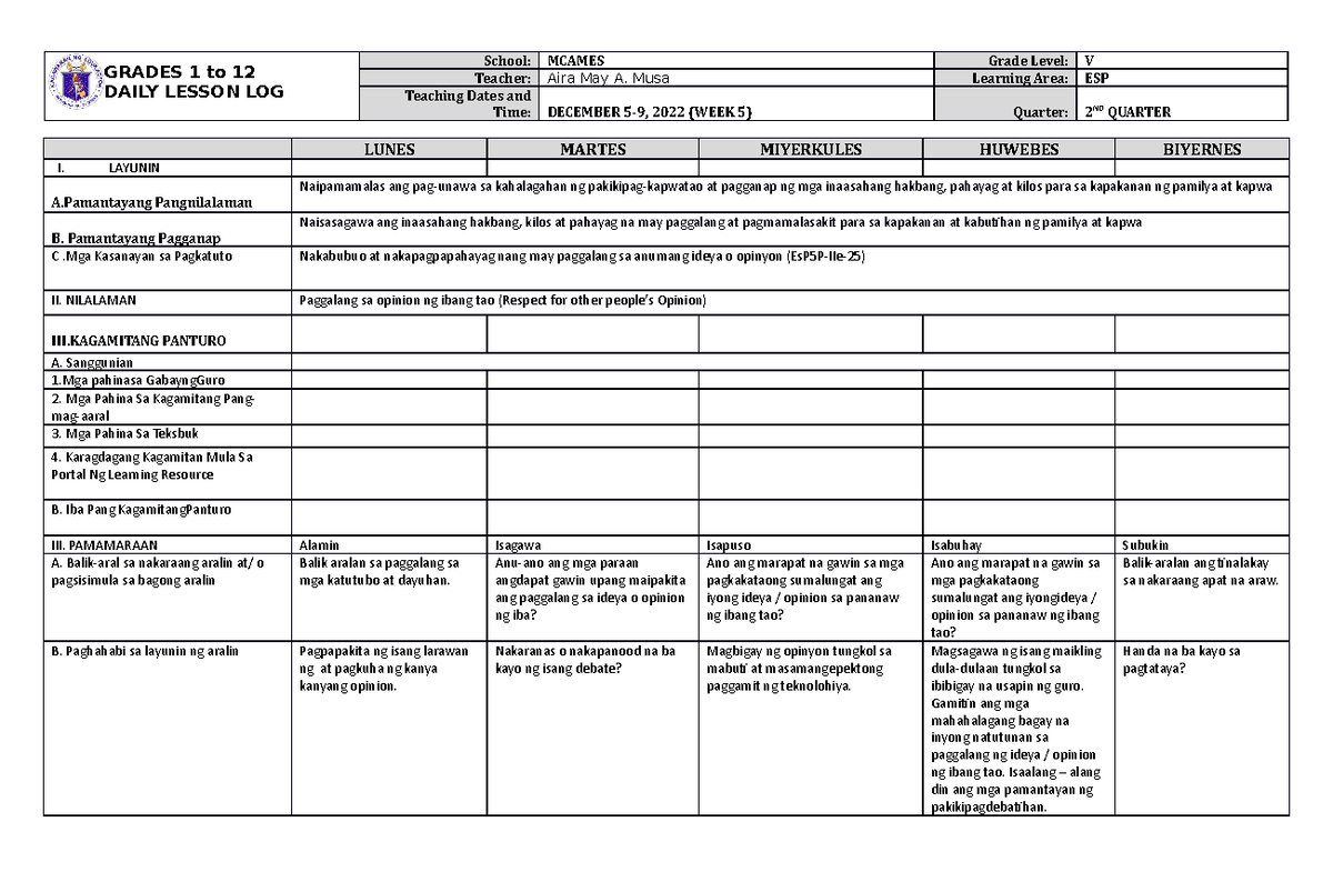 DLL ESP 5 Q2 W5 - lesson plan - GRADES 1 to 12 DAILY LESSON LOG School ...