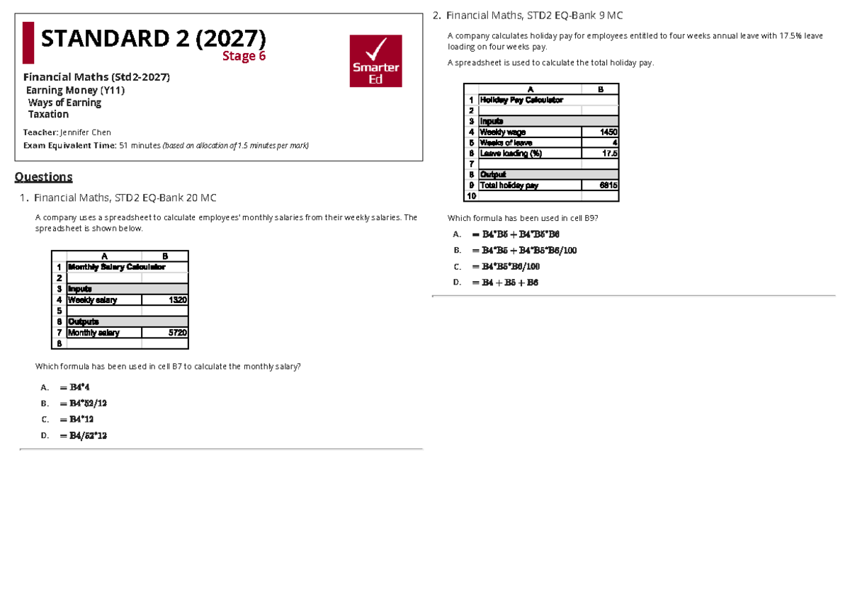 Smarter Maths - Y11 STD2 Financial Maths Spreadsheet Applications - Studocu