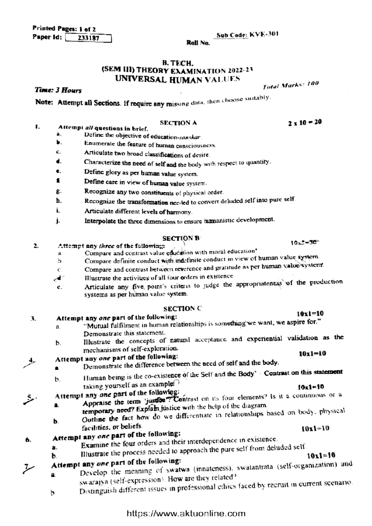 Btech 3 sem universal human values kve 301 2023 - Printed Pages: 1 of 2 ...