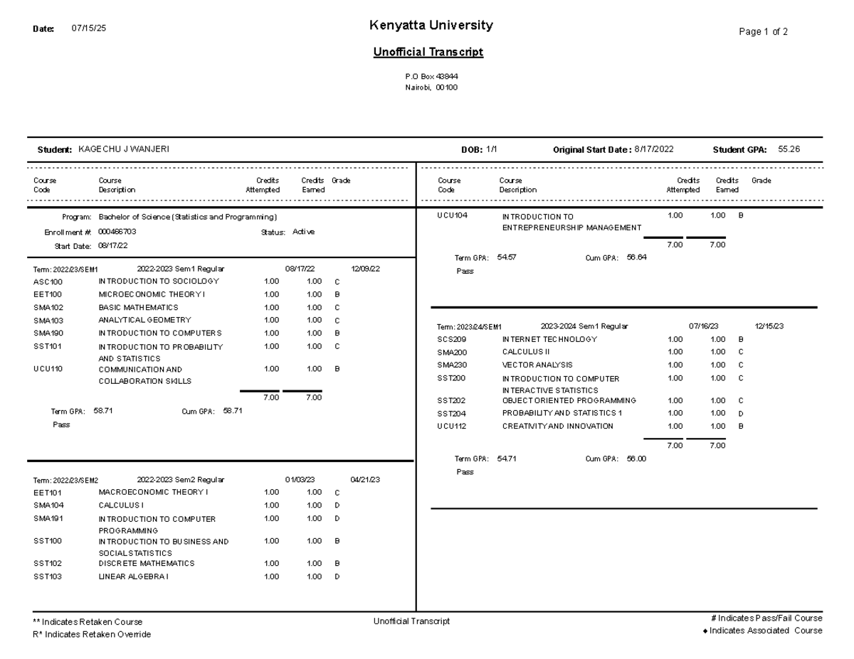 Kenyatta University Unofficial Transcript - BSc in Statistics ...