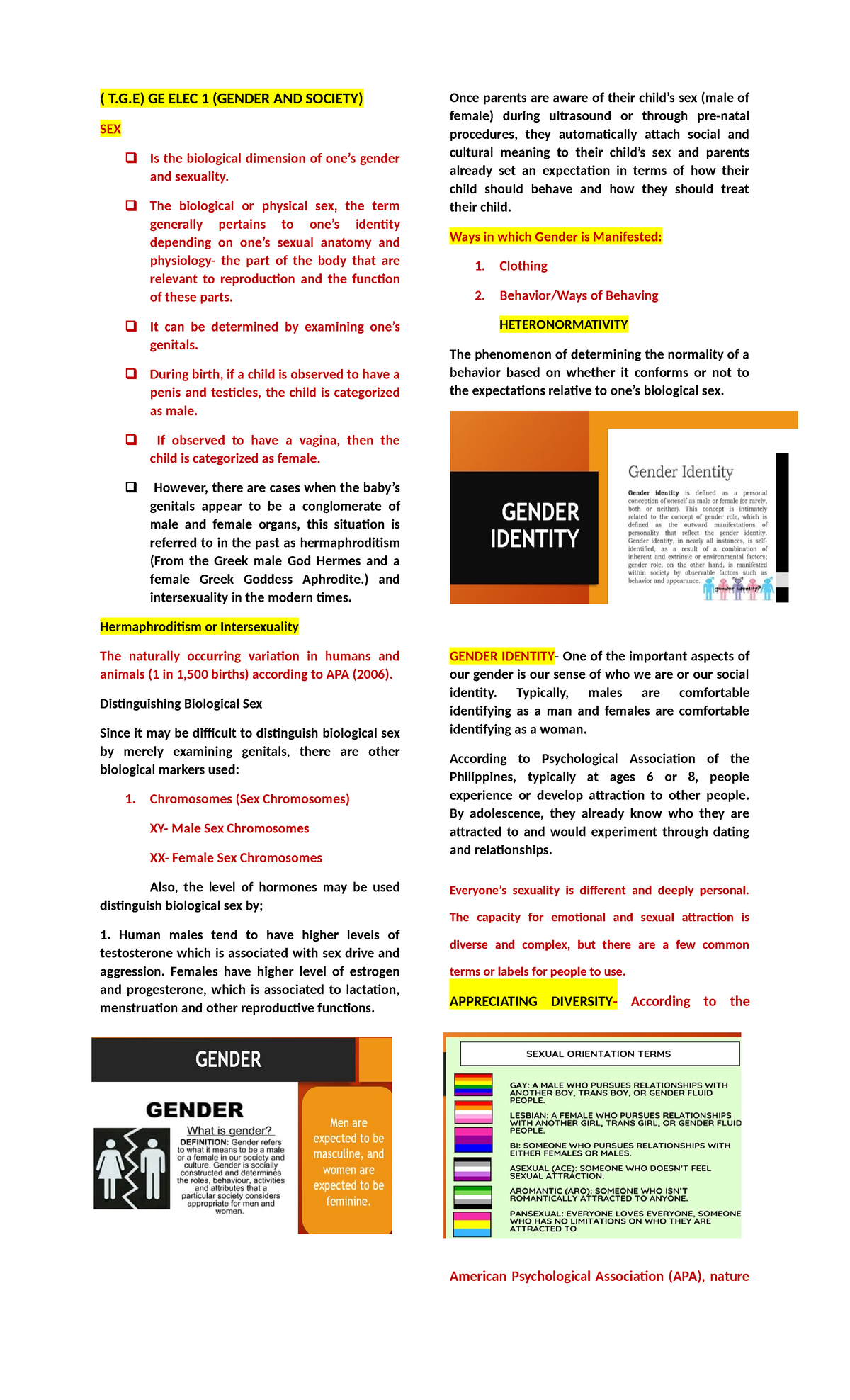 GE ELEC 1 Prelim Notes - Exploring Gender and Society Concepts - Studocu