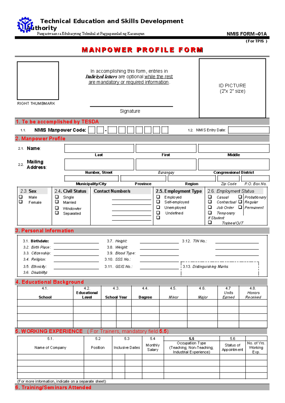 TESDA NMIS Manpower Profile Form for Technical Education (For TPIS ...