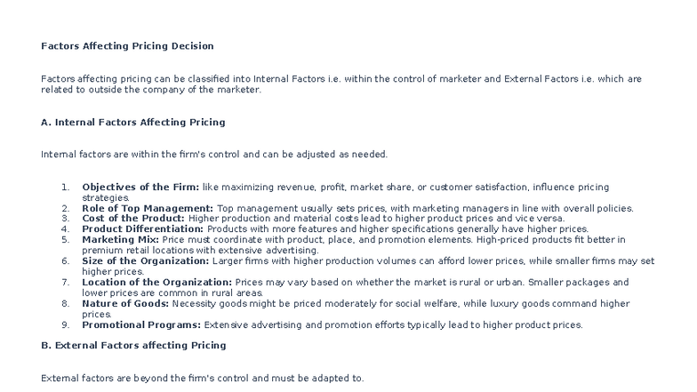 Pricing 2 - Factors Influencing Pricing Decisions - Studocu