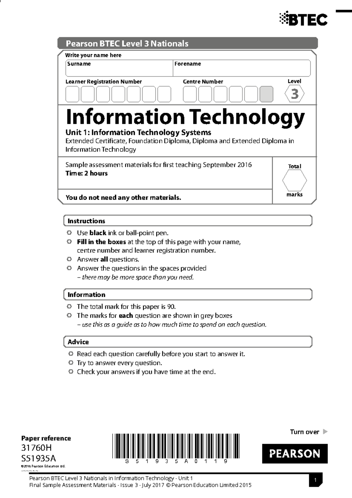 BTEC Level 3 IT Unit 1 Final Sample Assessment Materials - Studocu