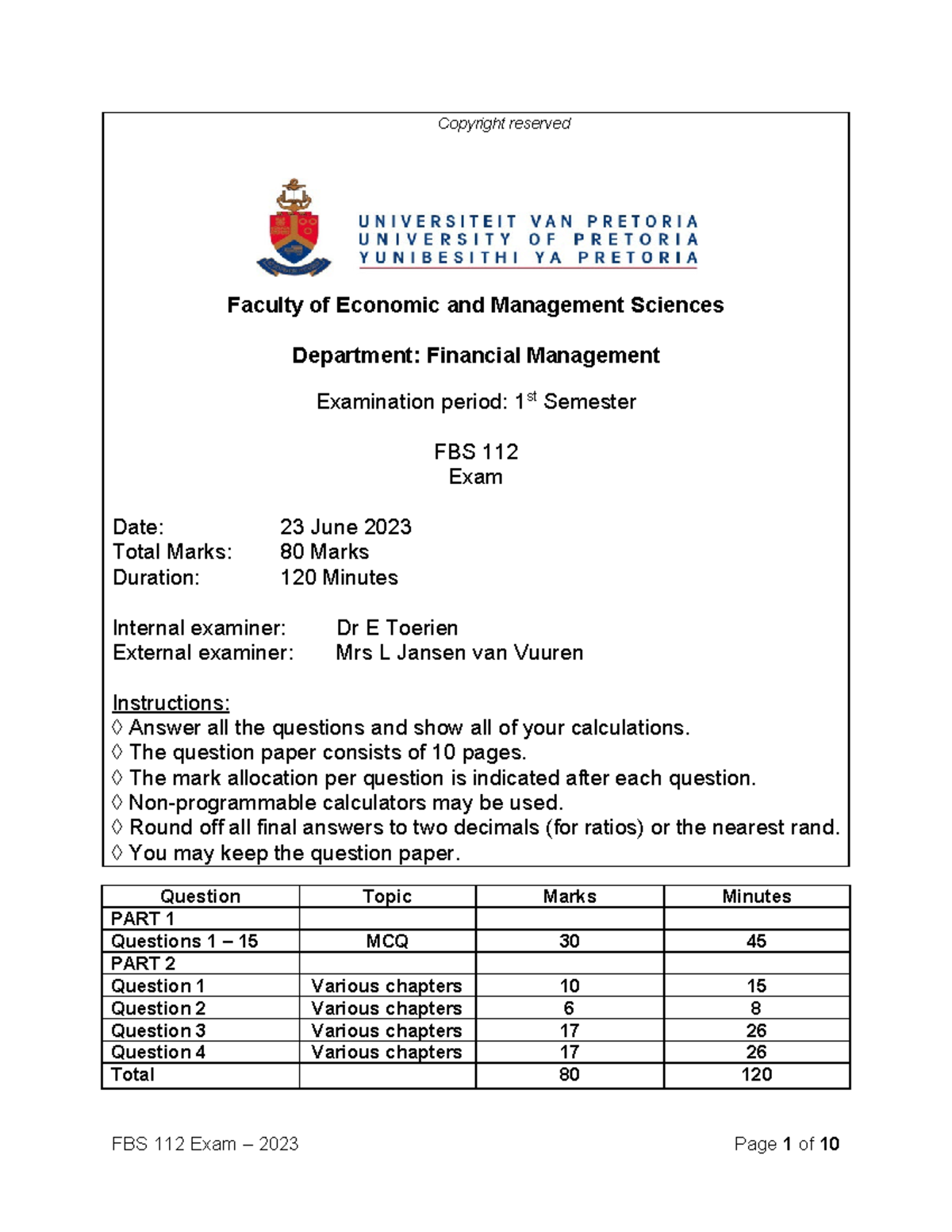 FBS 112 Final Exam 2023 - Financial Management Questions and Guidelines ...