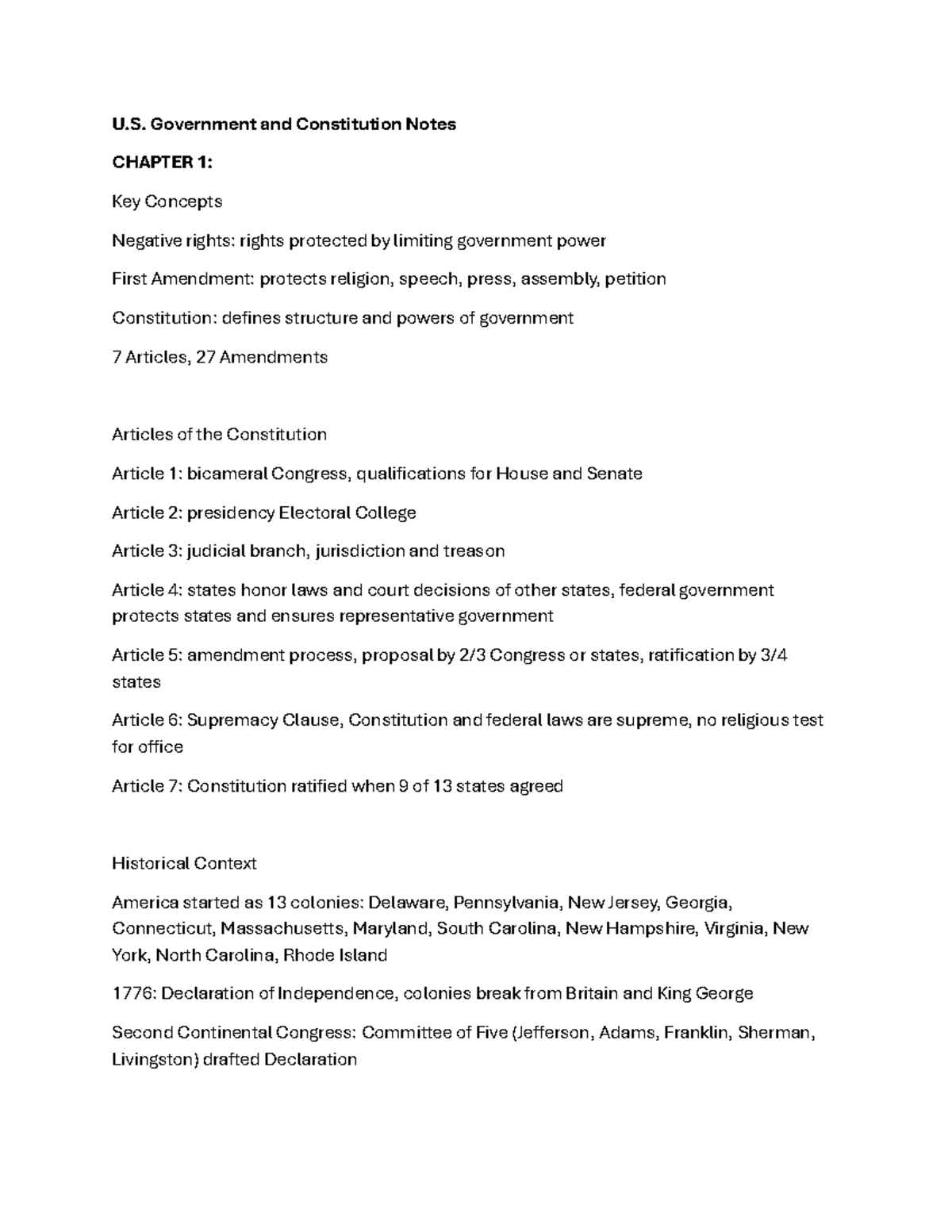 U.S. Government and Constitution Notes - CHAPTER 1 Overview - Studocu
