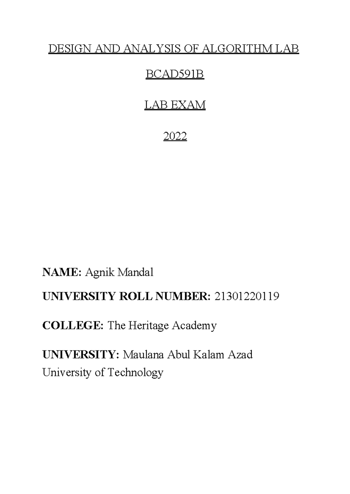 DAA Lab Exam Notes - Design and Analysis of Algorithms BCAD591B - Studocu