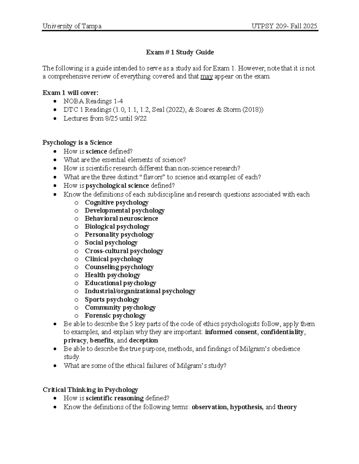 UTPSY209 Fall 2025 Exam 1 Comprehensive Study Guide - Studocu