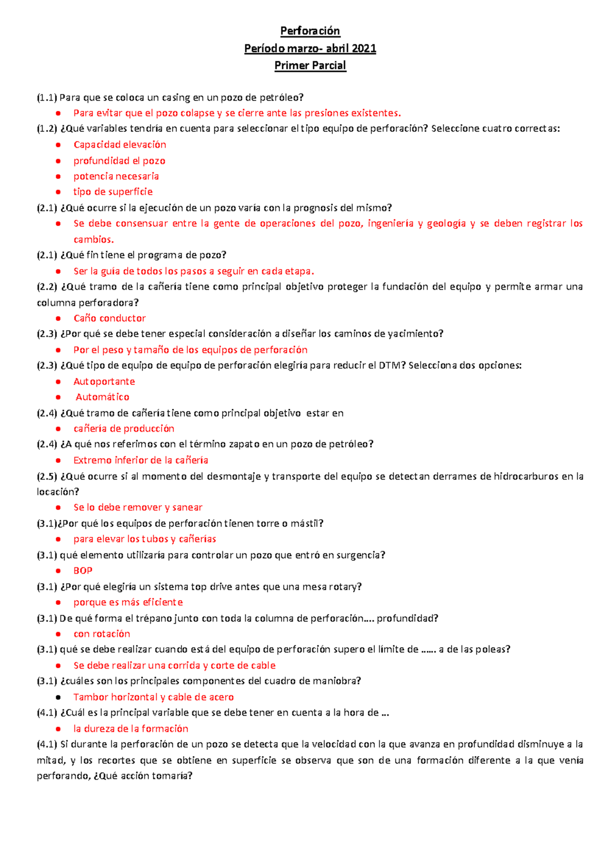 Perforación - Primer Parcial 1ero - Resumen de Preguntas y Respuestas - Document Preview